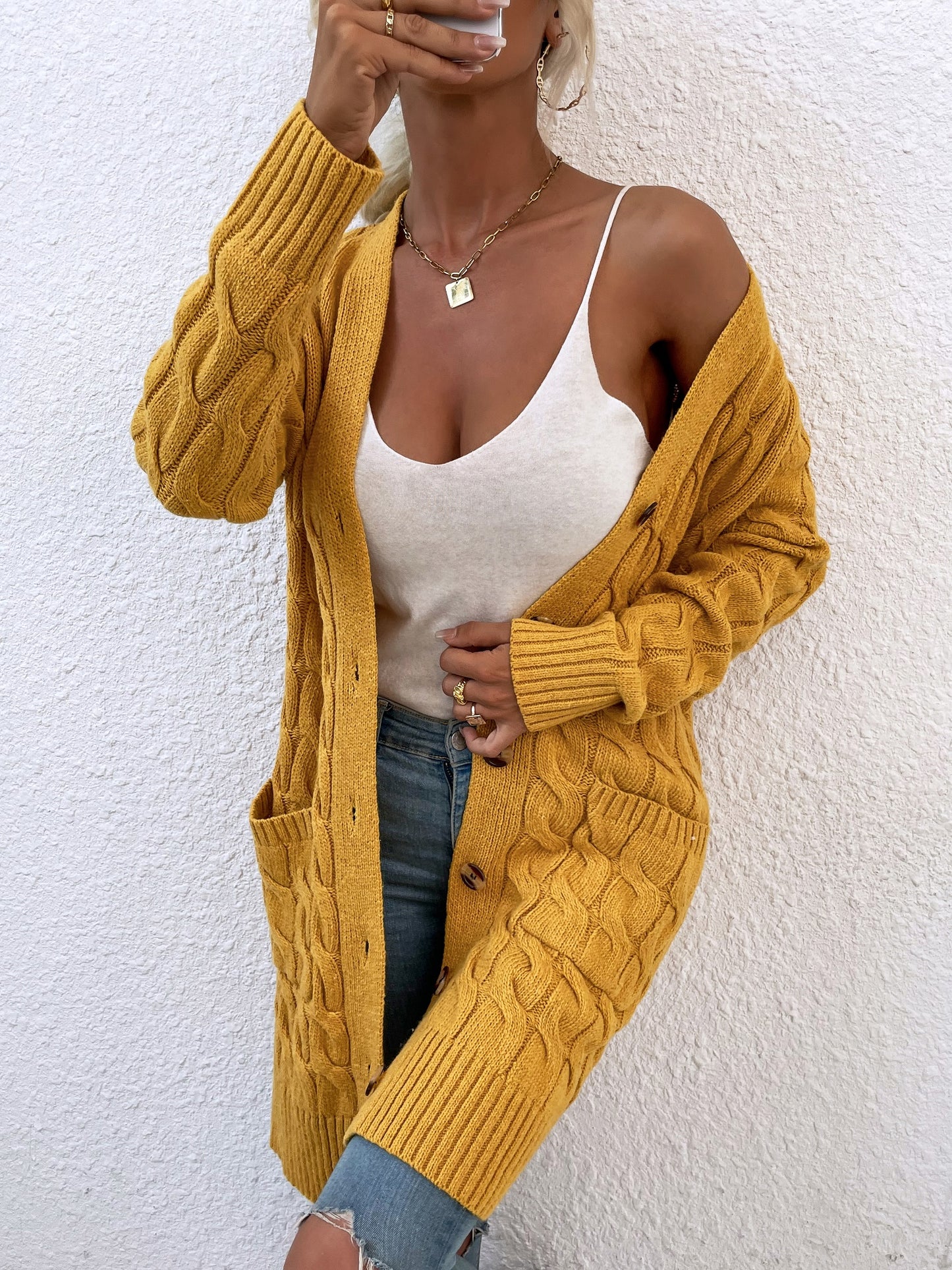 New long coat twist rope solid color cardigan sweater