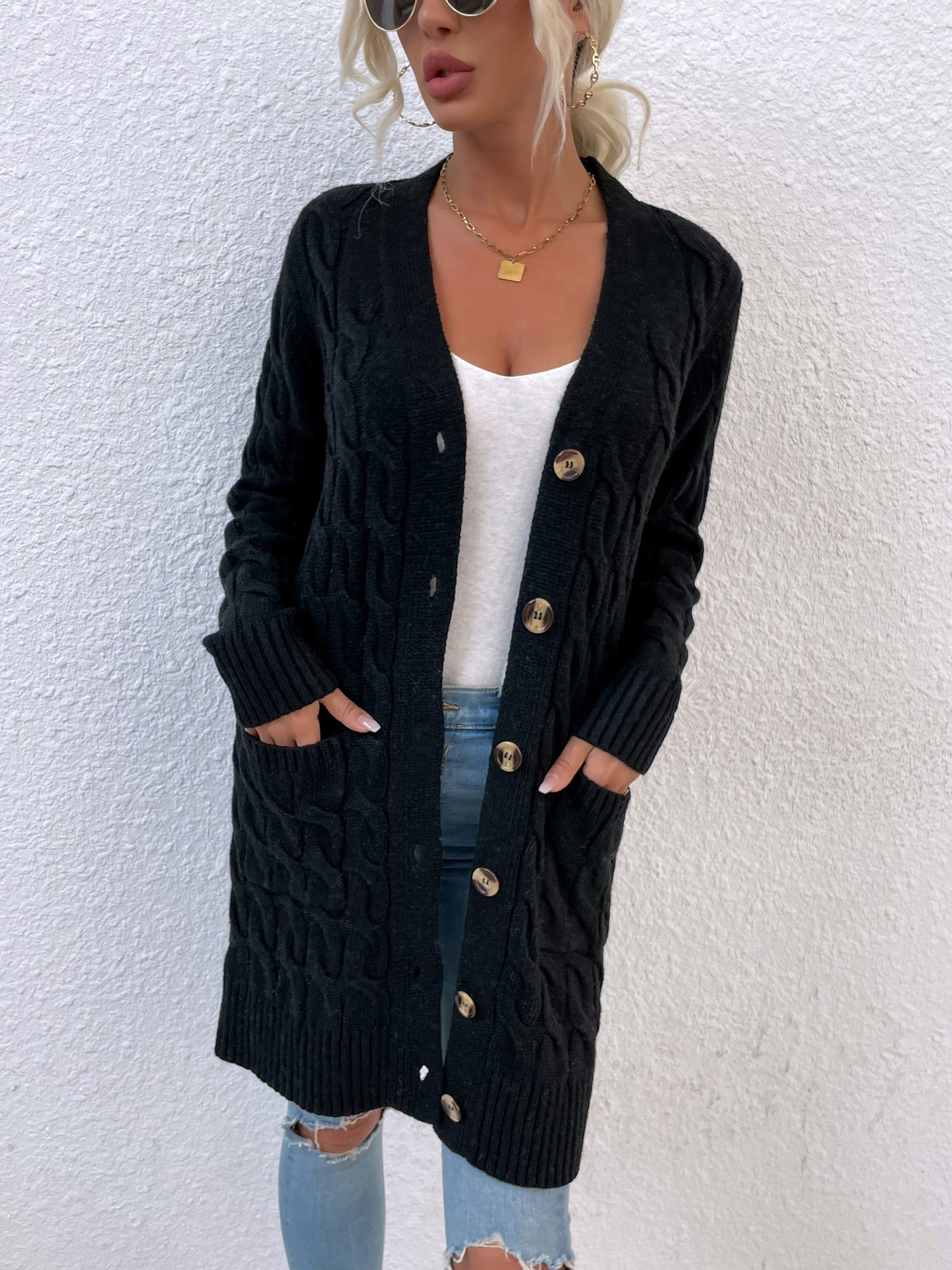 New long coat twist rope solid color cardigan sweater