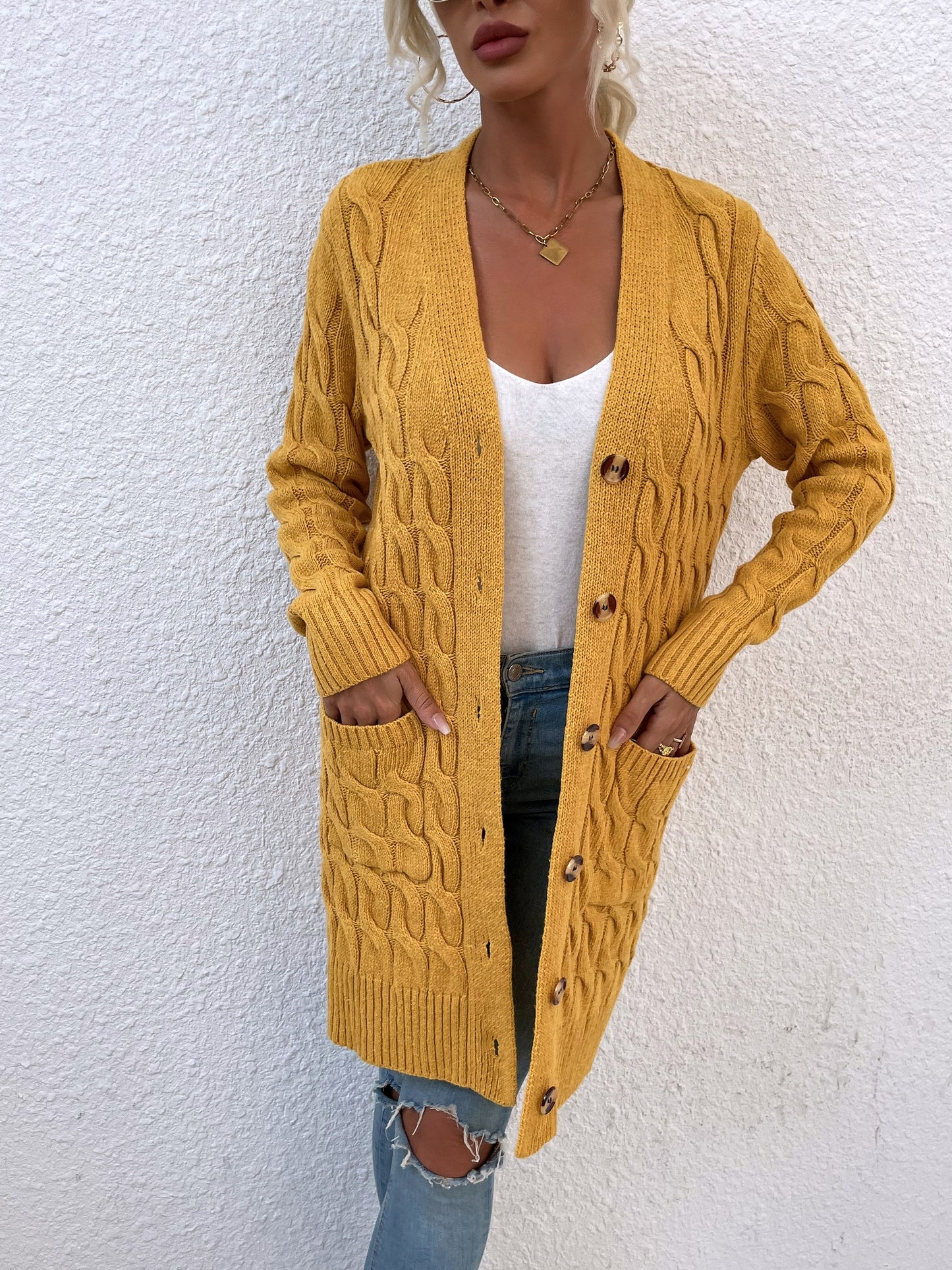 New long coat twist rope solid color cardigan sweater