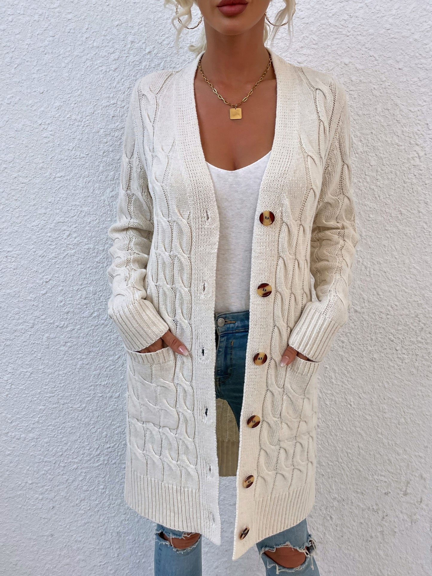 New long coat twist rope solid color cardigan sweater