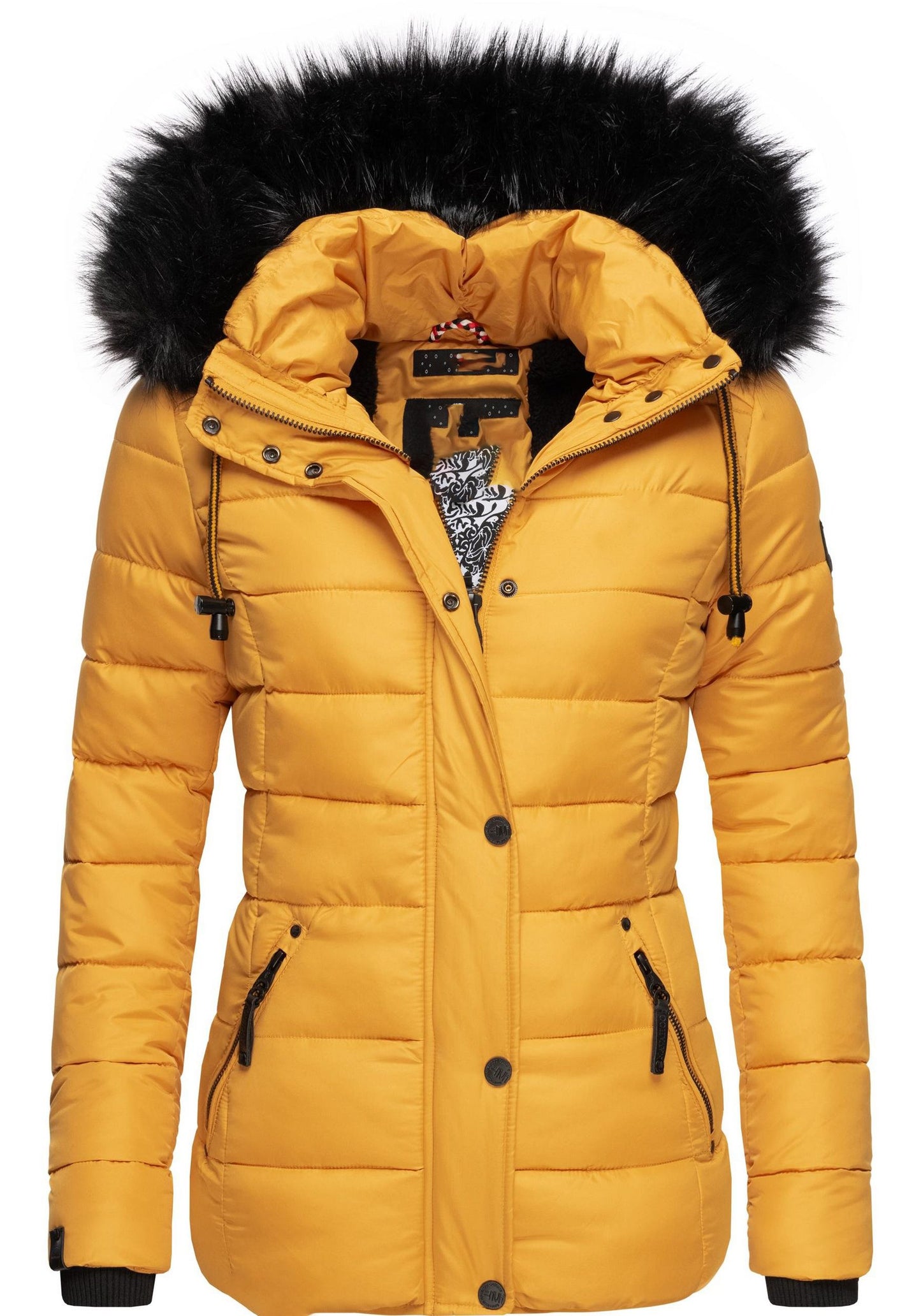 Fashion quilted jacket with faux fur hood