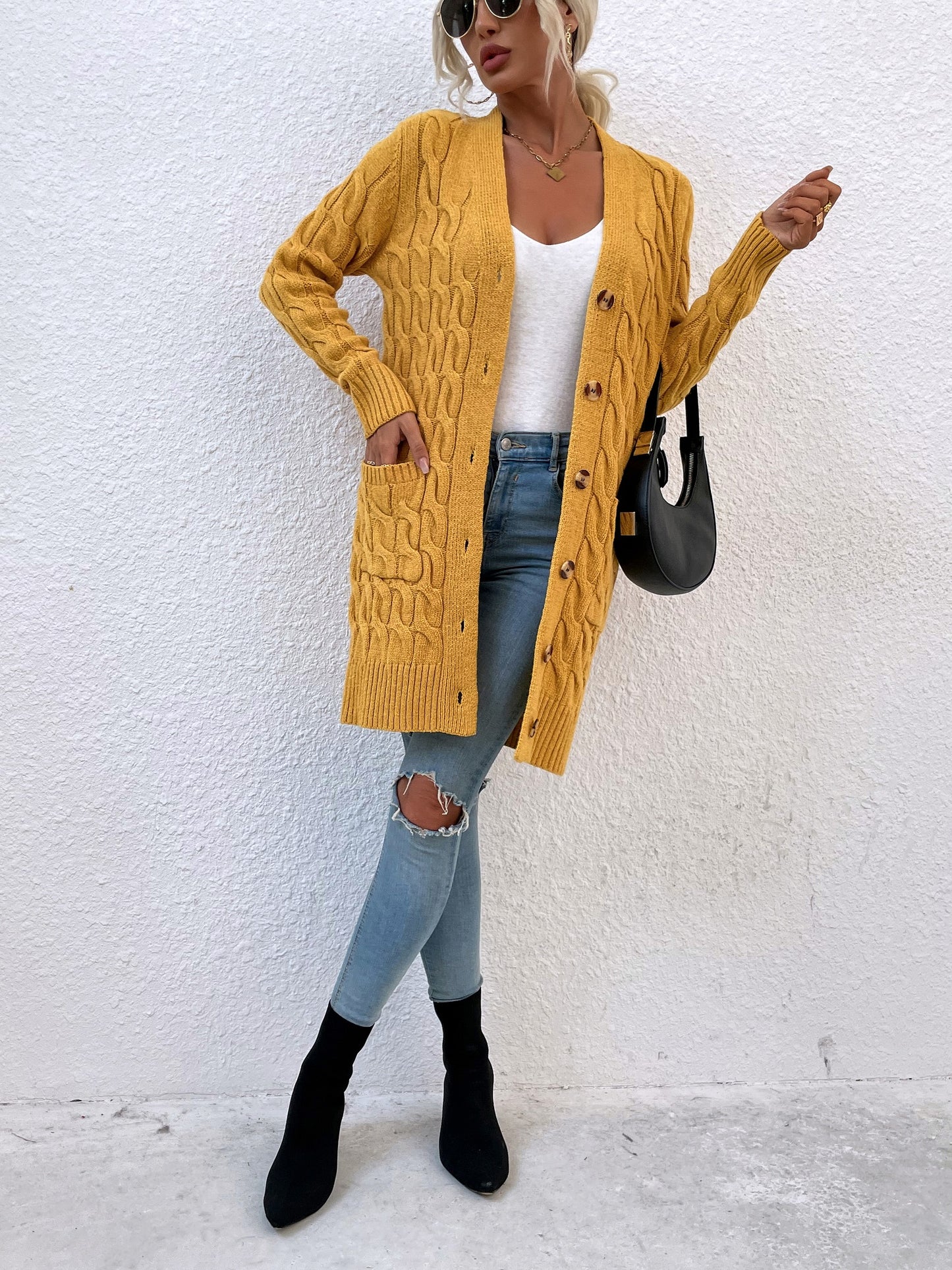 New long coat twist rope solid color cardigan sweater