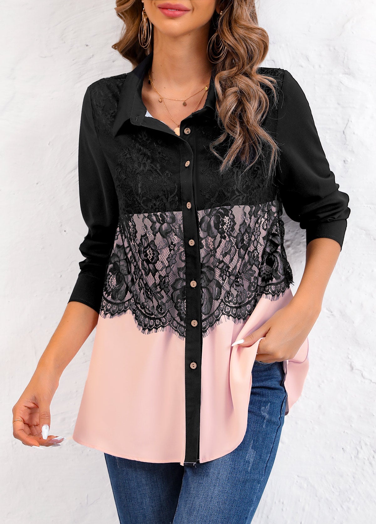 Pink Patchwork Long Sleeve Shirt Collar Blouse