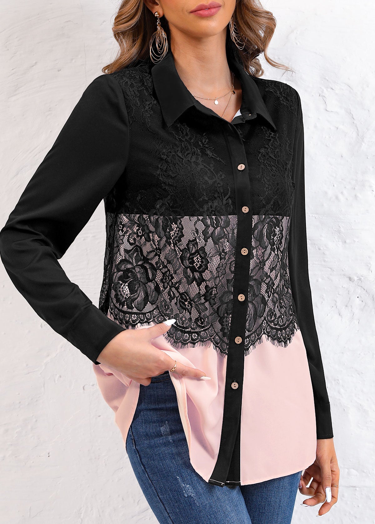 Pink Patchwork Long Sleeve Shirt Collar Blouse