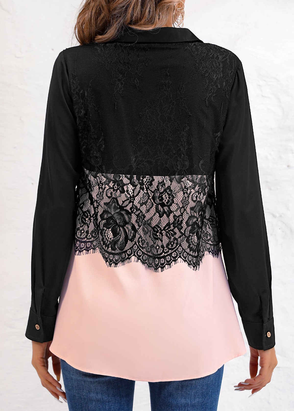 Pink Patchwork Long Sleeve Shirt Collar Blouse