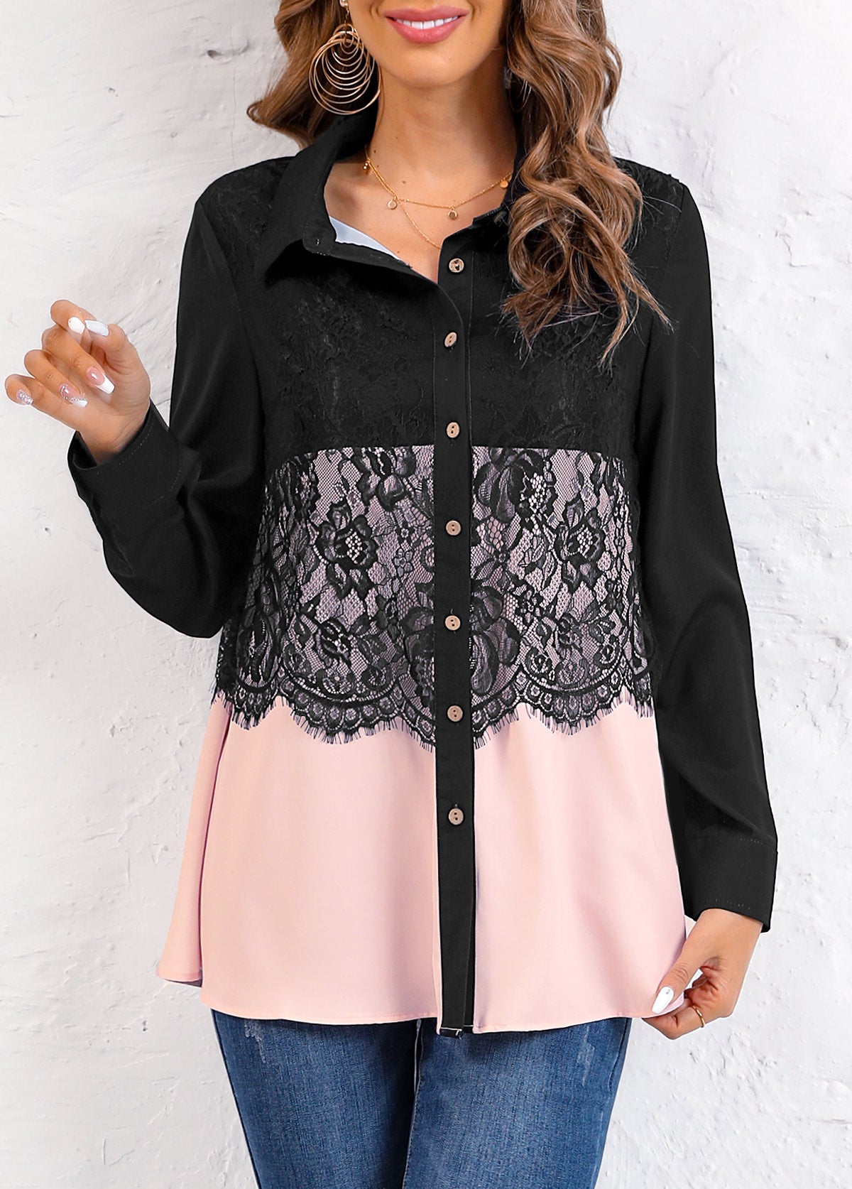 Pink Patchwork Long Sleeve Shirt Collar Blouse
