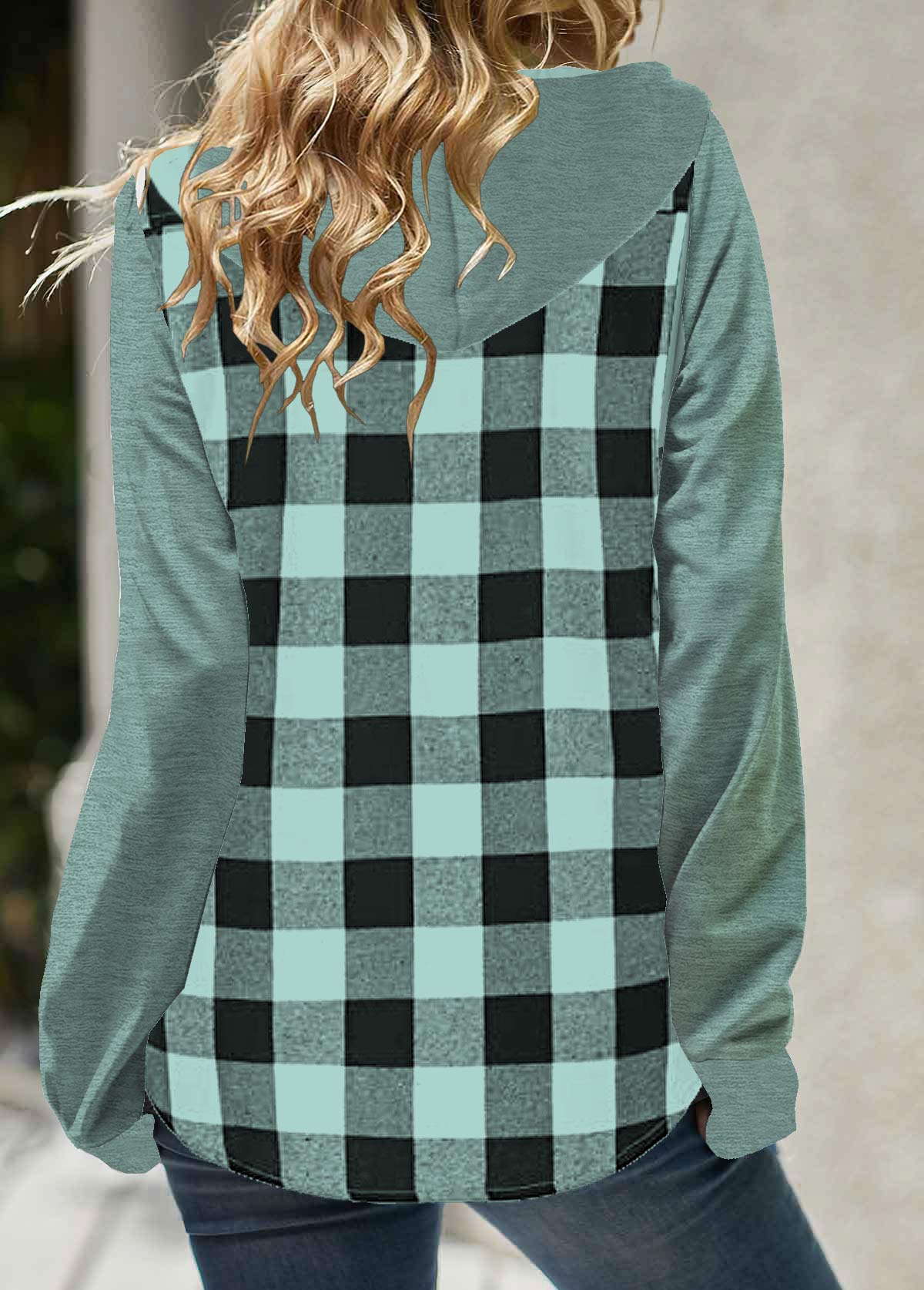 Mint Green Pocket Plaid Long Sleeve Hoodie