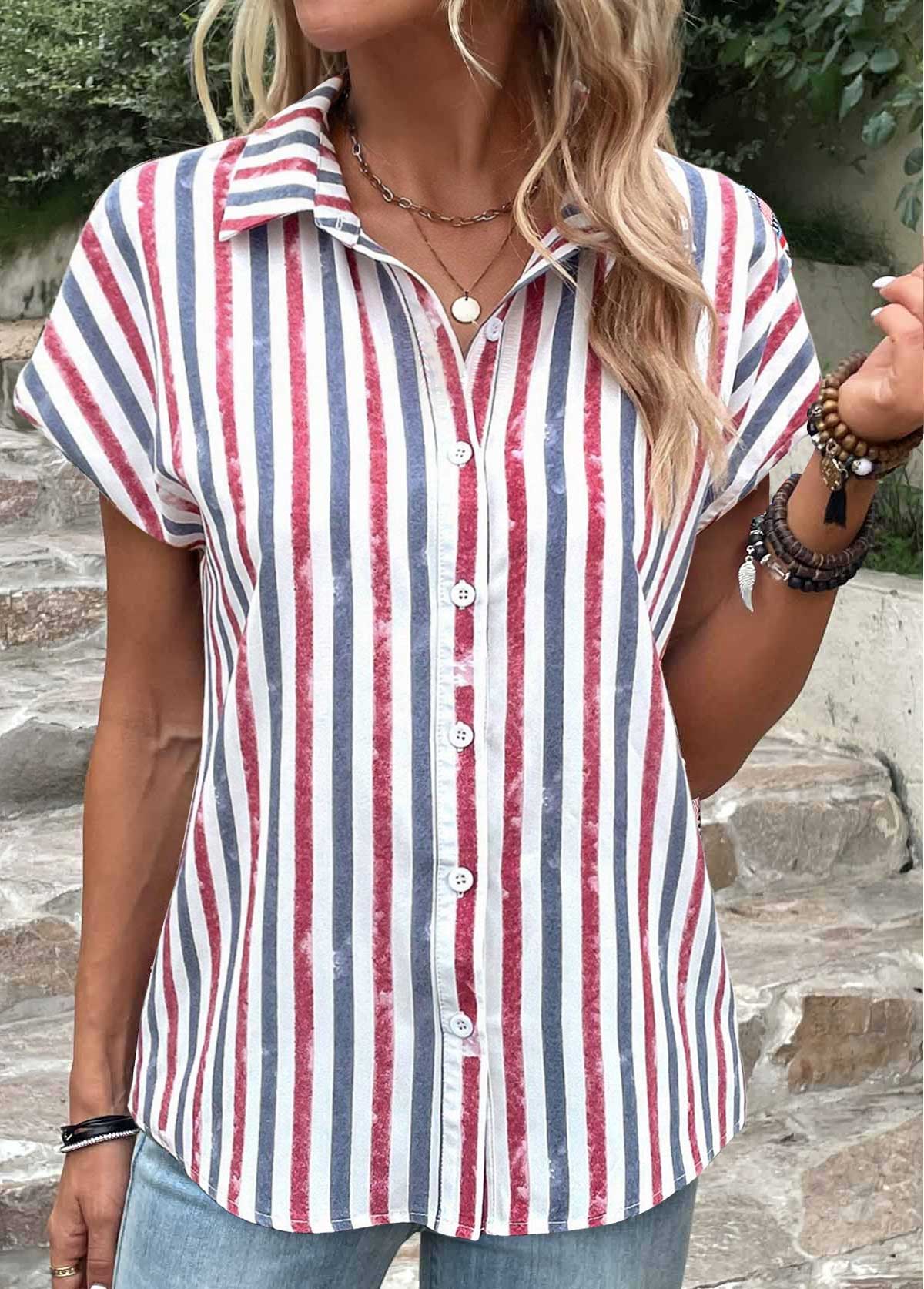 Multi Color Button Striped Short Sleeve Blouse