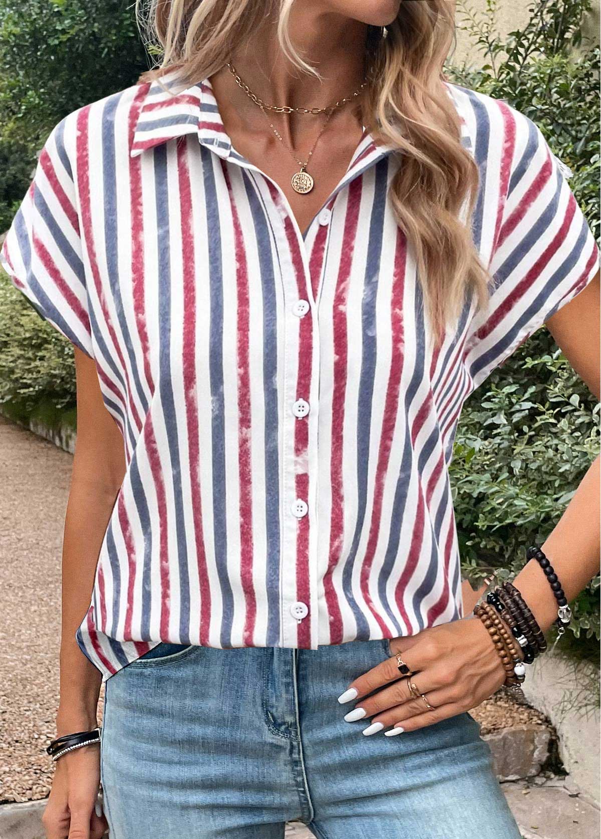 Multi Color Button Striped Short Sleeve Blouse