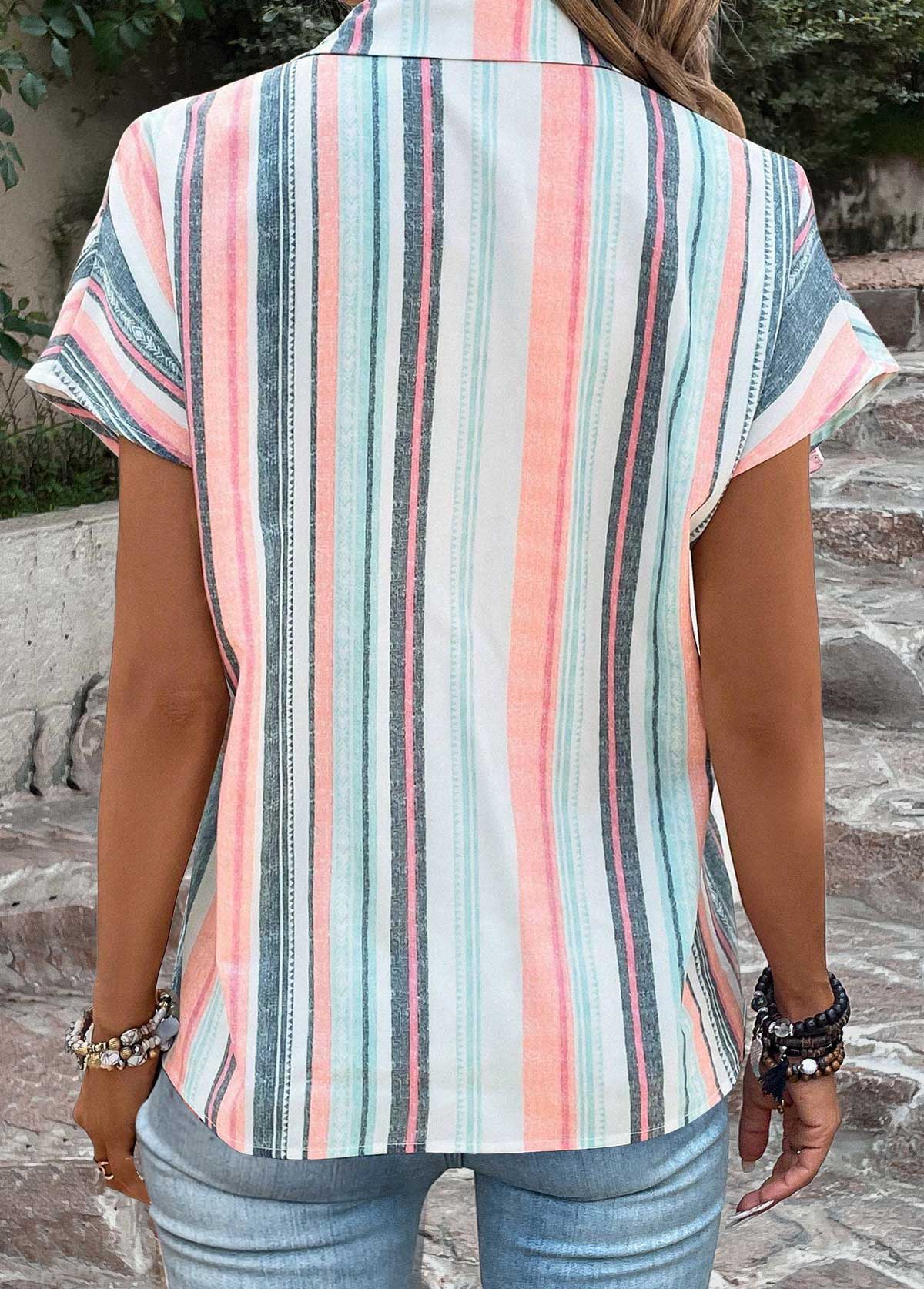 Multi Color Button Striped Short Sleeve Blouse