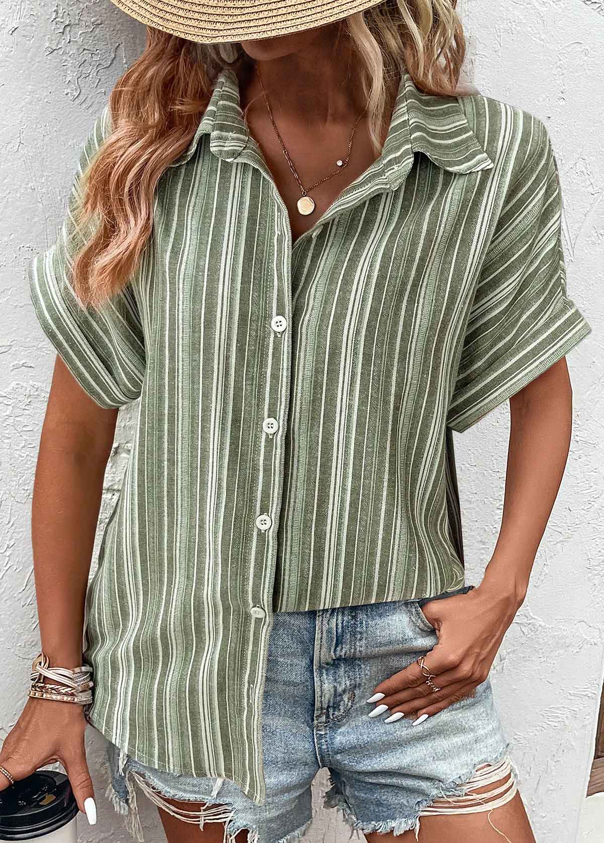 Multi Color Button Striped Short Sleeve Blouse