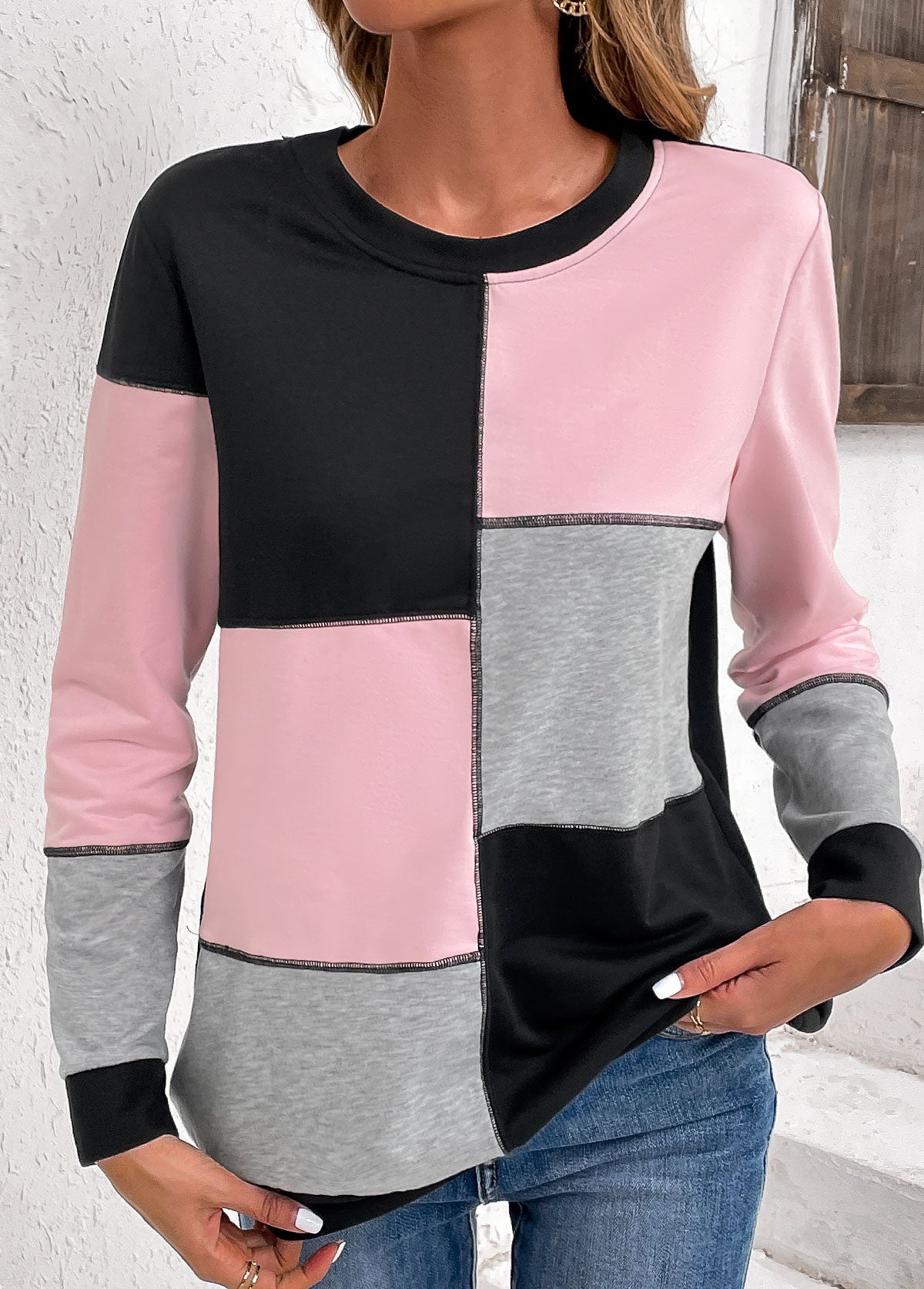 Light Pink Patchwork Long Sleeve Round Neck Sweatshirt