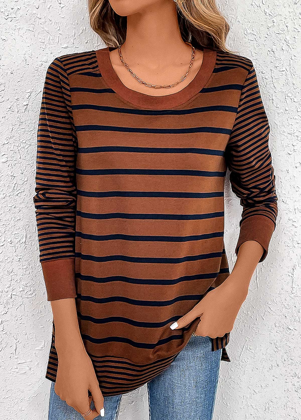 Dark Coffee Patchwork Striped Long Sleeve T Shirt