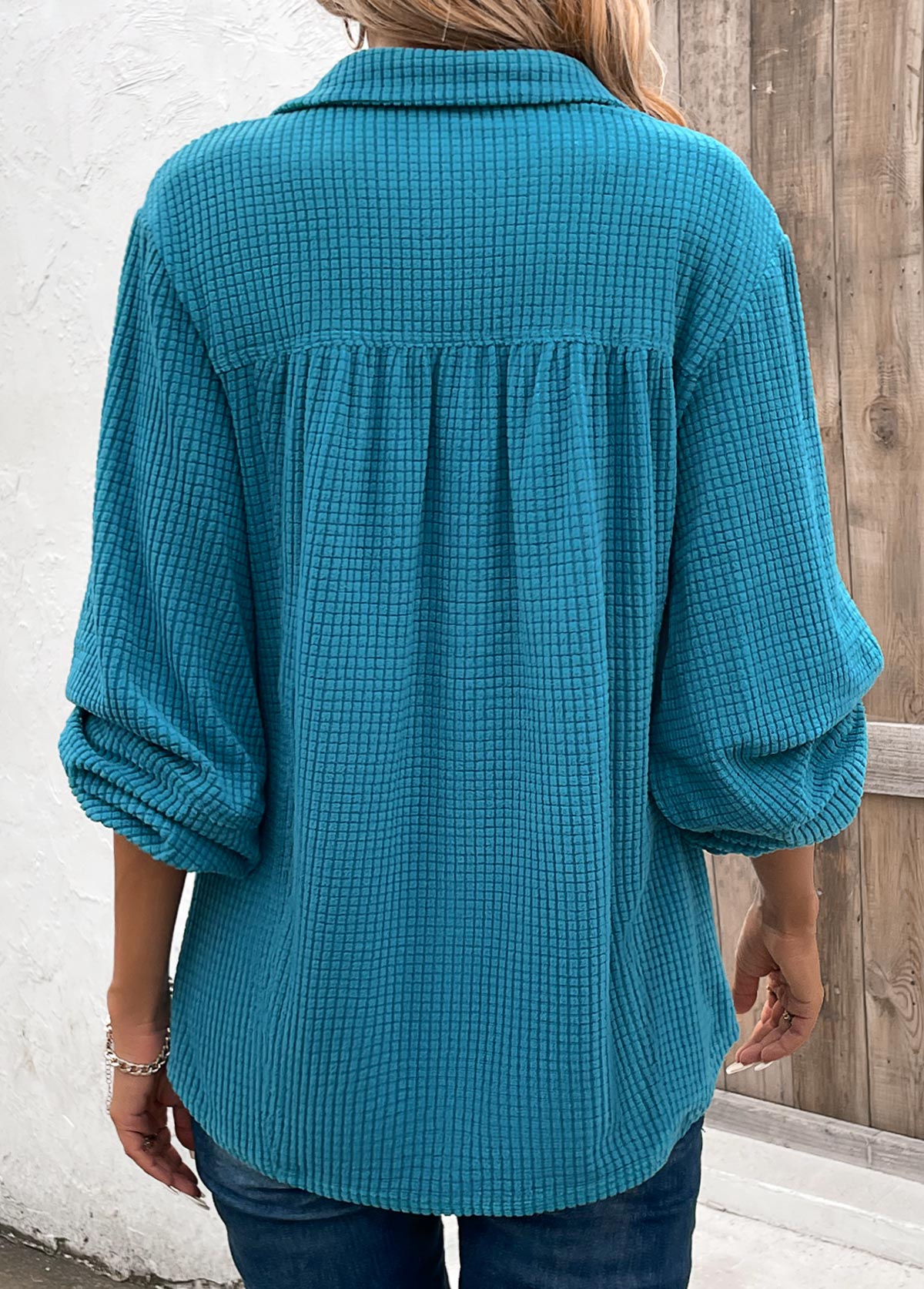 Peacock Blue Ruched Long Sleeve Shirt Collar Blouse