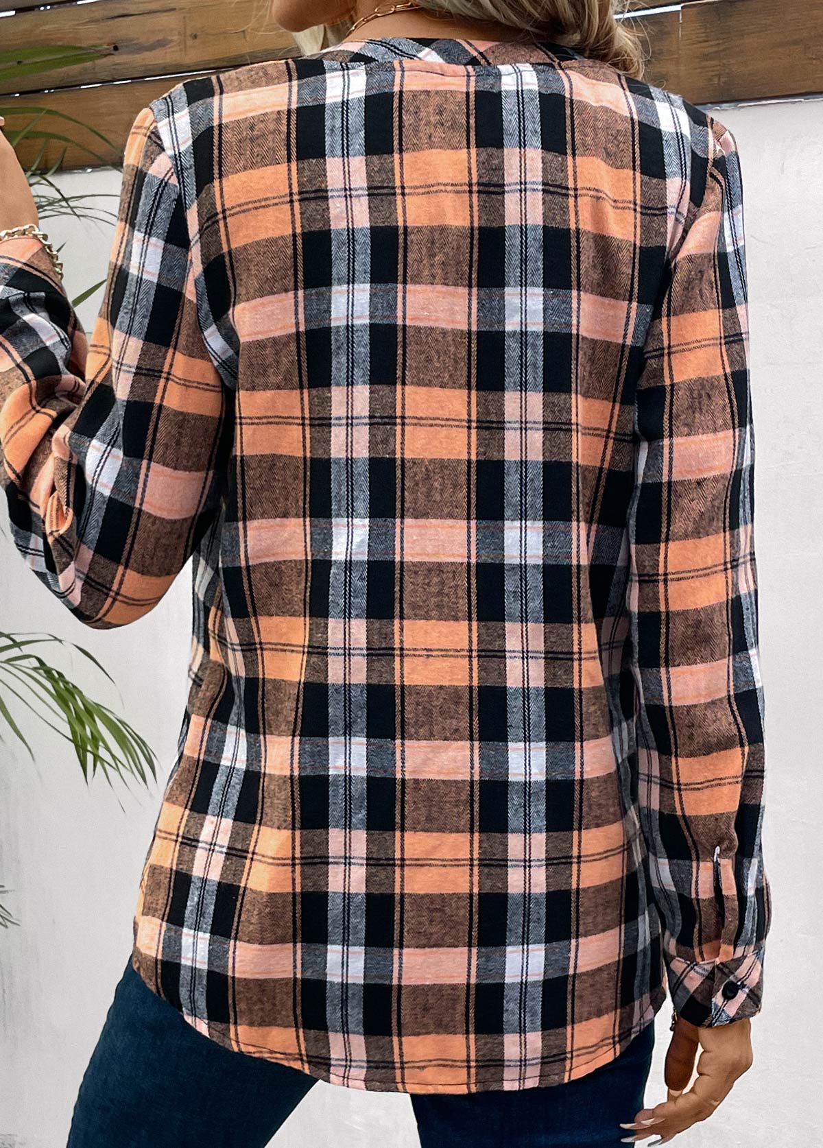 Orange Button Plaid Long Sleeve Round Neck Blouse