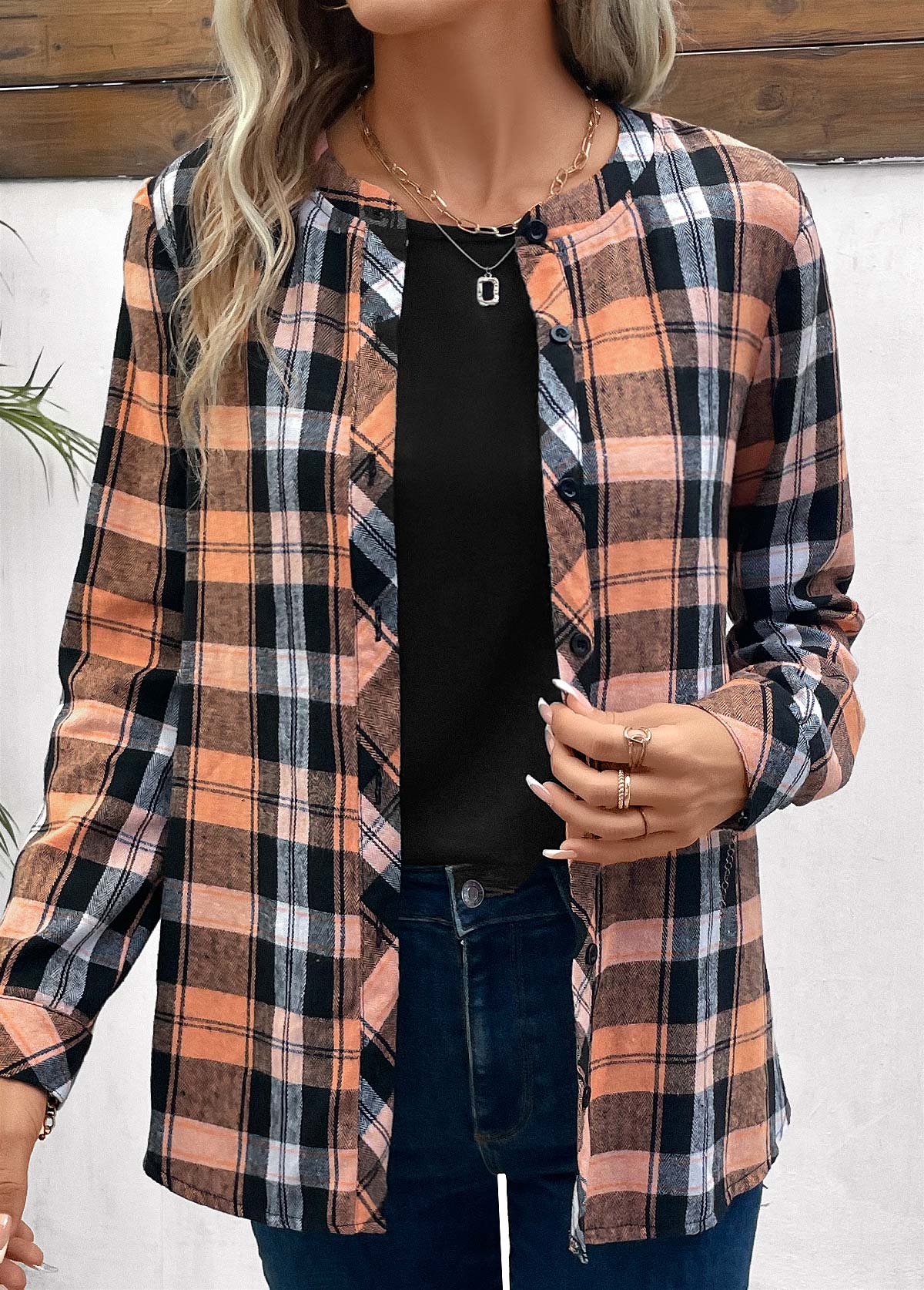 Orange Button Plaid Long Sleeve Round Neck Blouse