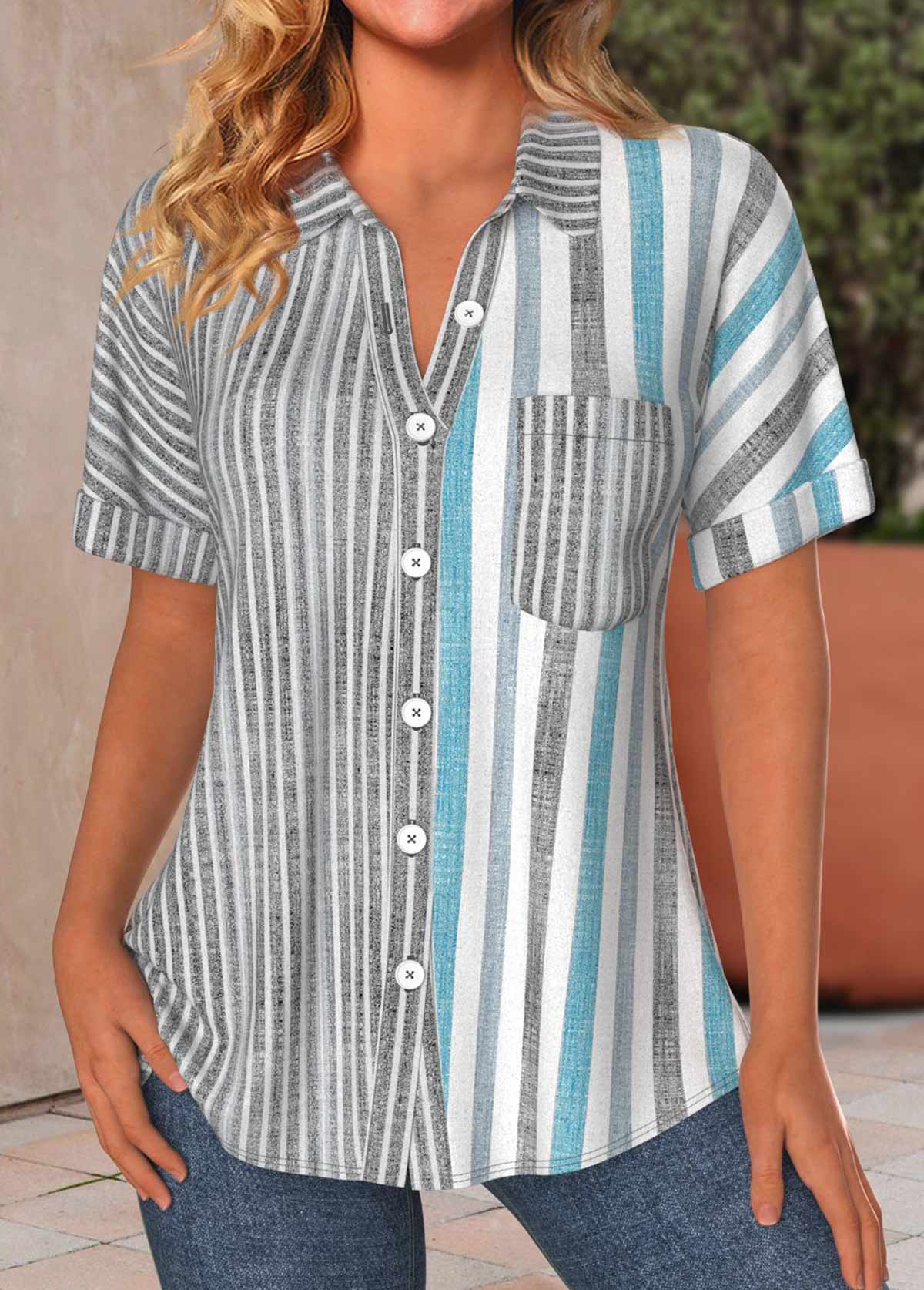 Light Blue Pocket Geometric Print Short Sleeve Blouse