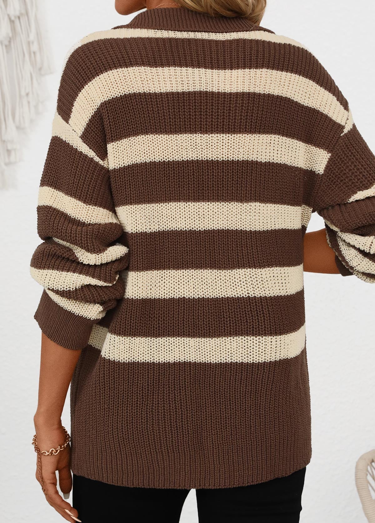 Dark Coffee Button Striped Long Sleeve Shirt Collar Sweater