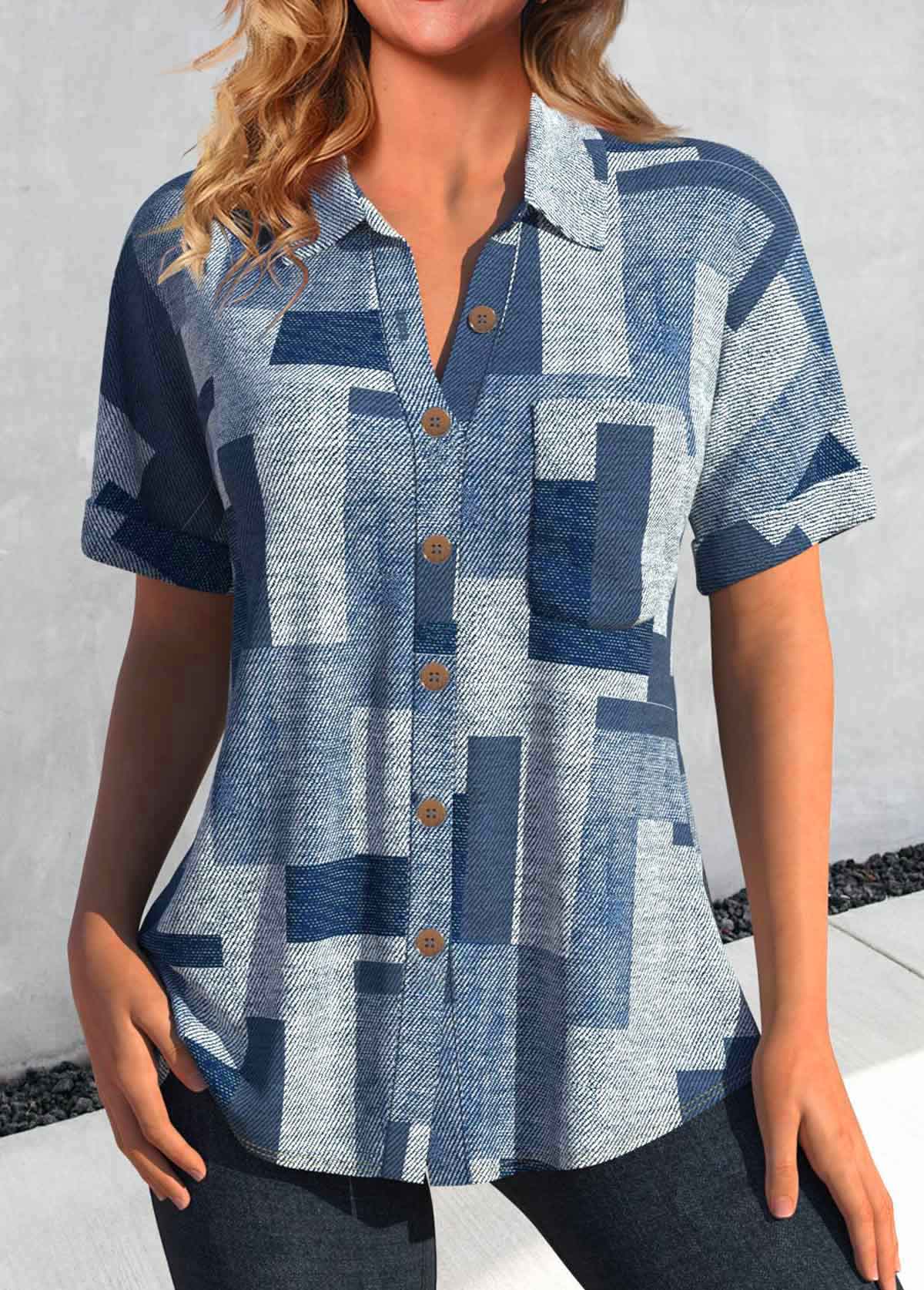 Denim Blue Pocket Short Sleeve Shirt Collar Blouse
