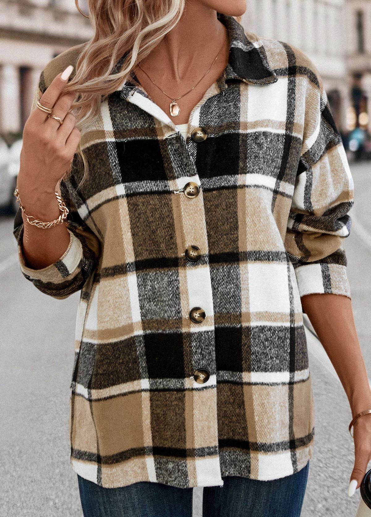 Light Coffee Patchwork Plaid Long Sleeve Blouse
