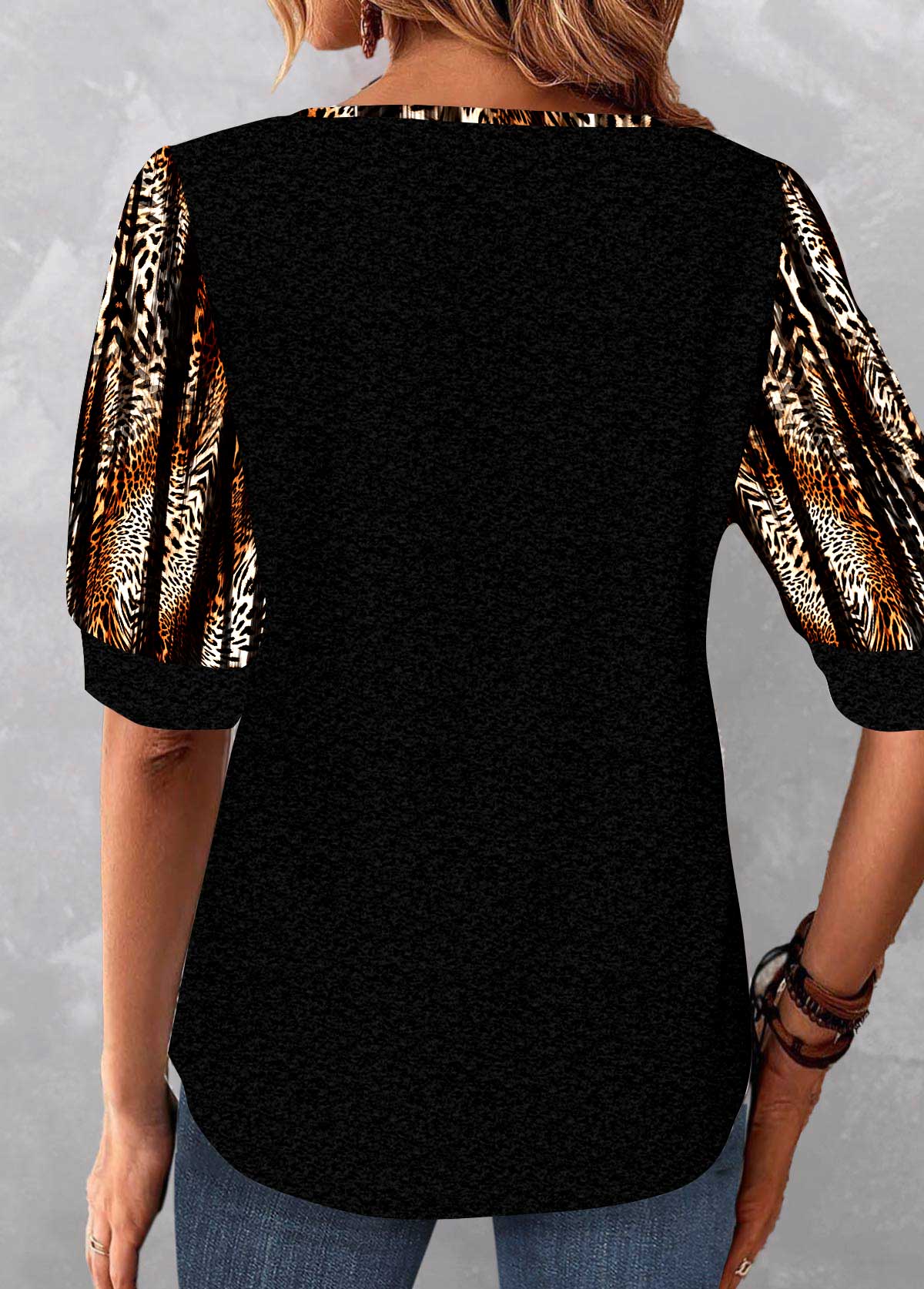 Black Patchwork Leopard Half Sleeve Scoop Neck Blouse