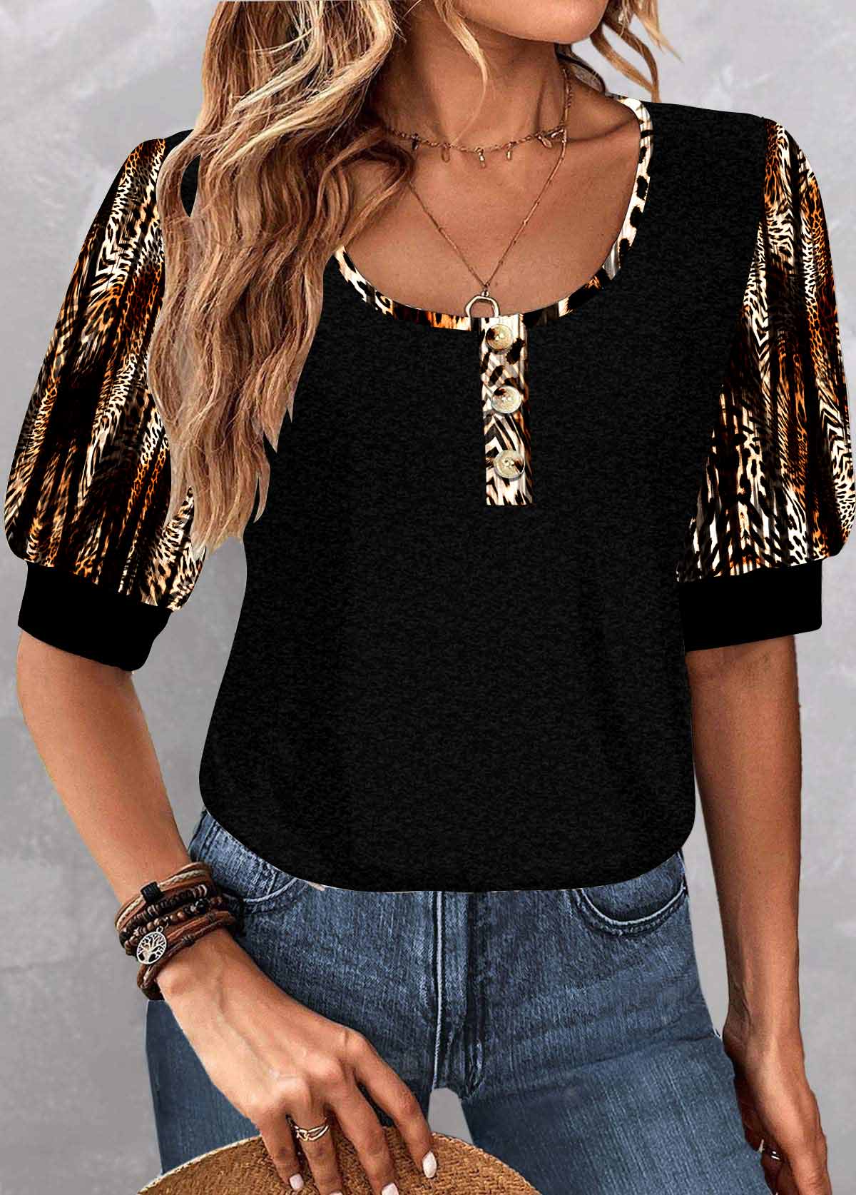 Black Patchwork Leopard Half Sleeve Scoop Neck Blouse