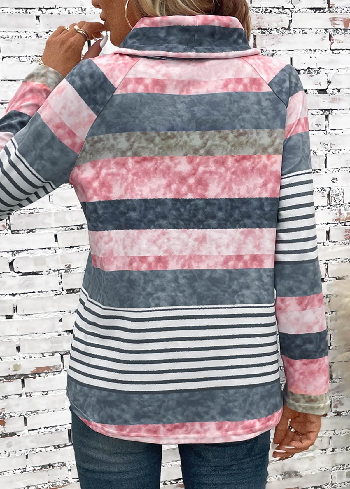 Multi Color Drawstring Striped Long Sleeve Cowl Neck Hoodie