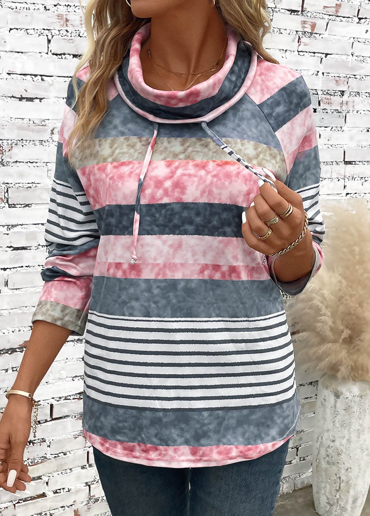 Multi Color Drawstring Striped Long Sleeve Cowl Neck Hoodie