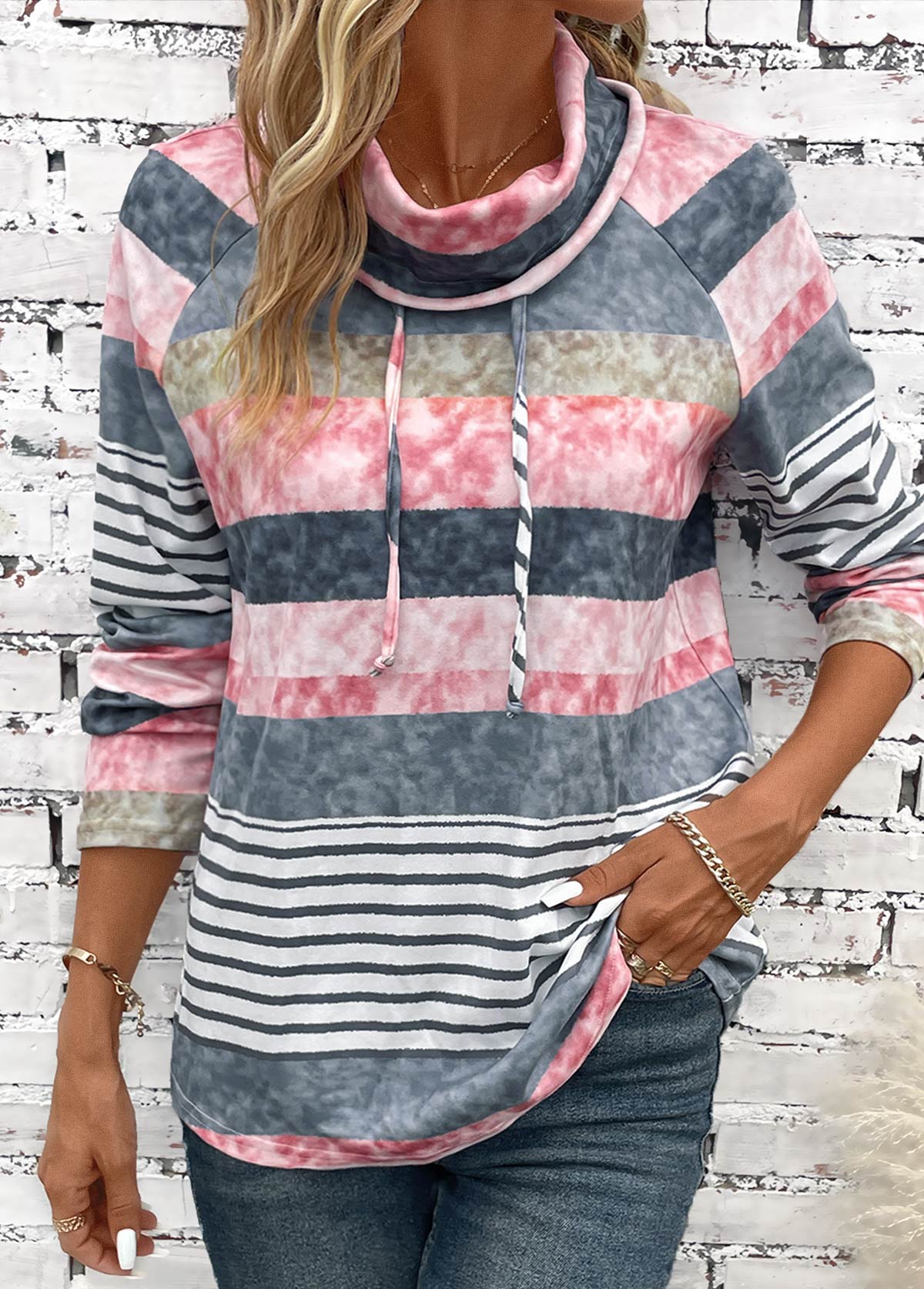 Multi Color Drawstring Striped Long Sleeve Cowl Neck Hoodie