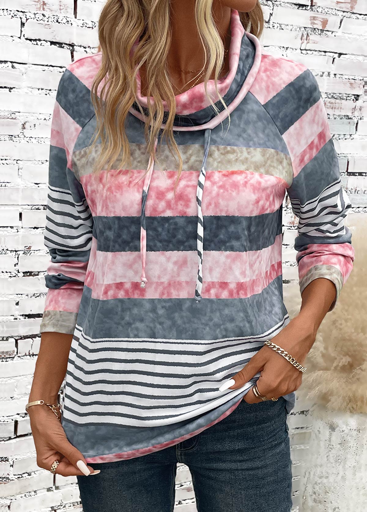 Multi Color Drawstring Striped Long Sleeve Cowl Neck Hoodie