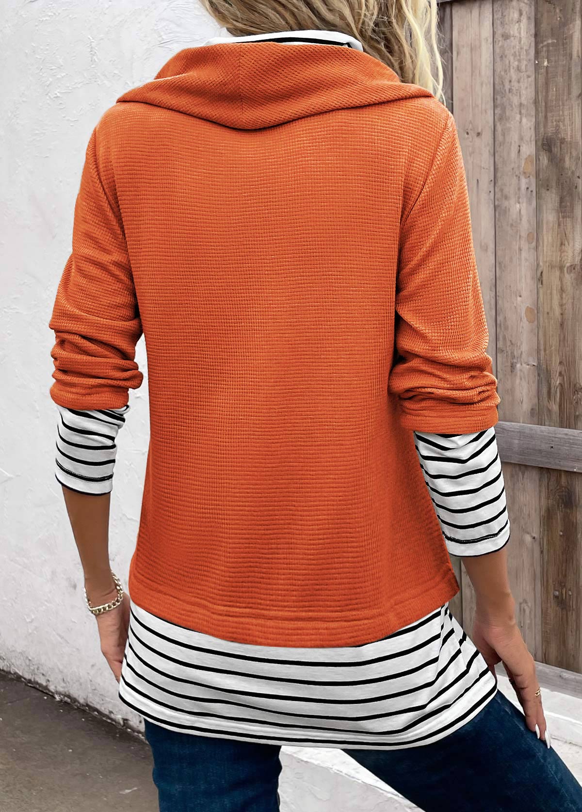 Orange Patchwork Striped Long Sleeve Cowl Neck Sweatshirt