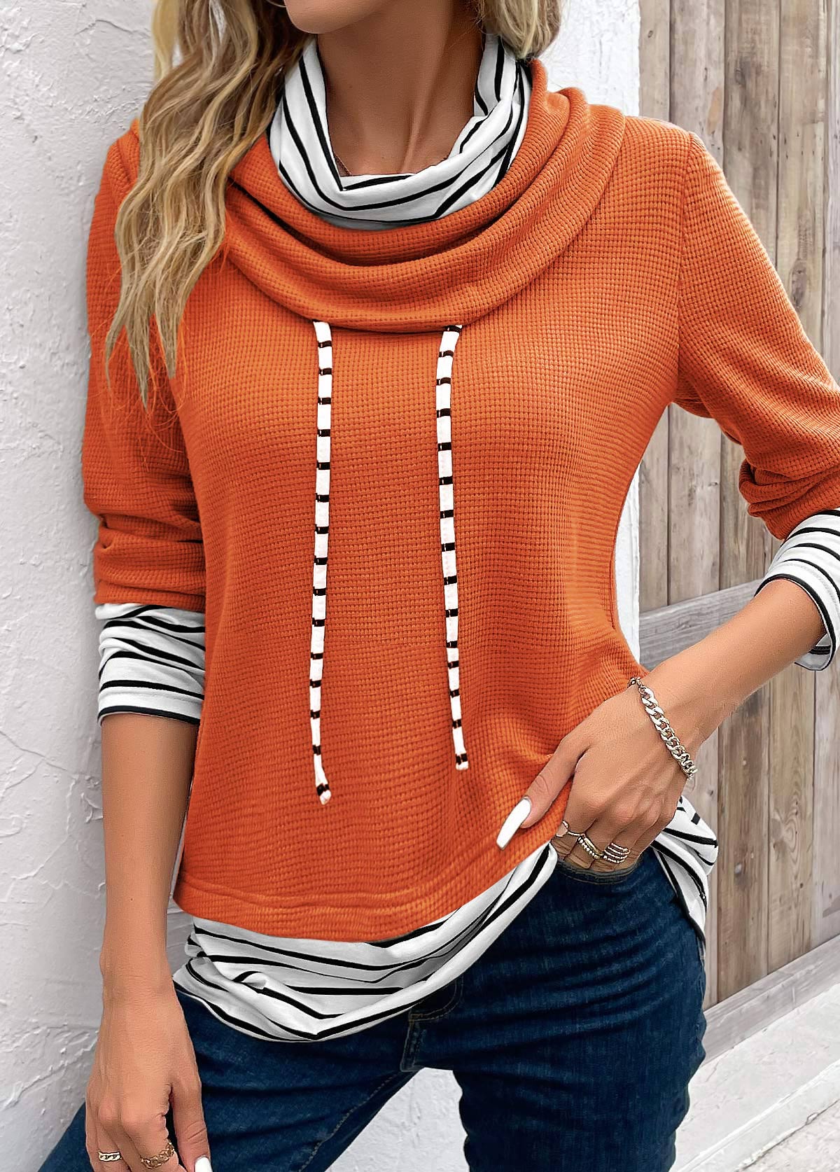 Orange Patchwork Striped Long Sleeve Cowl Neck Sweatshirt