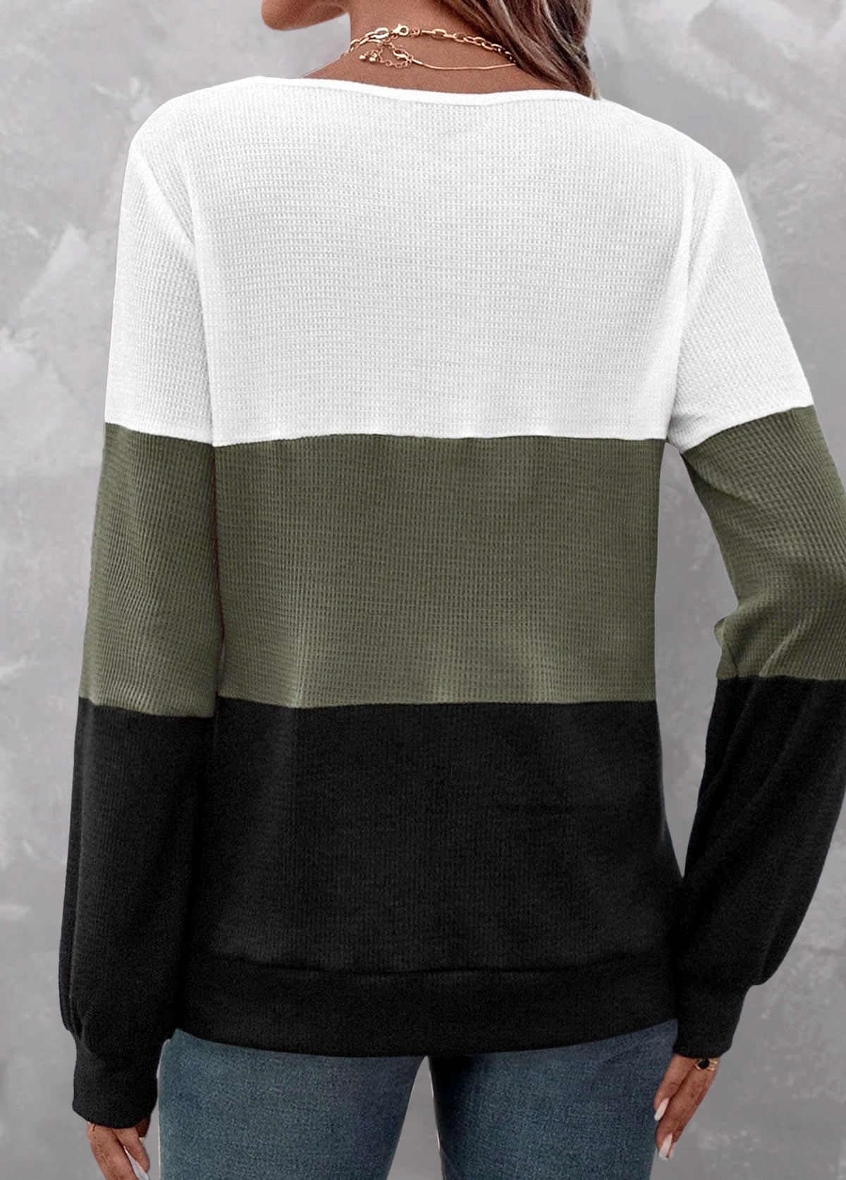 Olive Green Patchwork Long Sleeve V Neck Sweatshirt