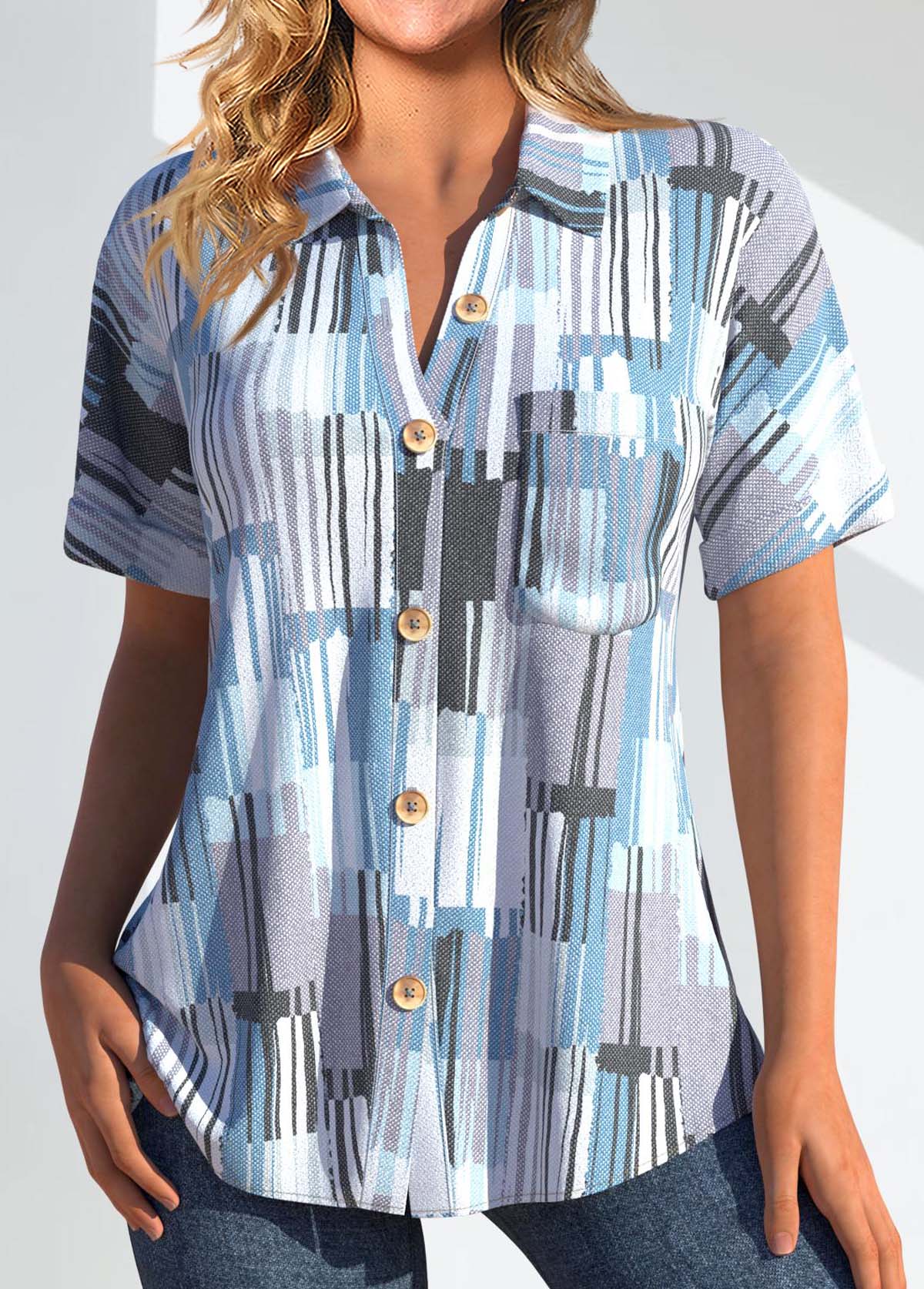 Light Blue Pocket Geometric Print Short Sleeve Blouse
