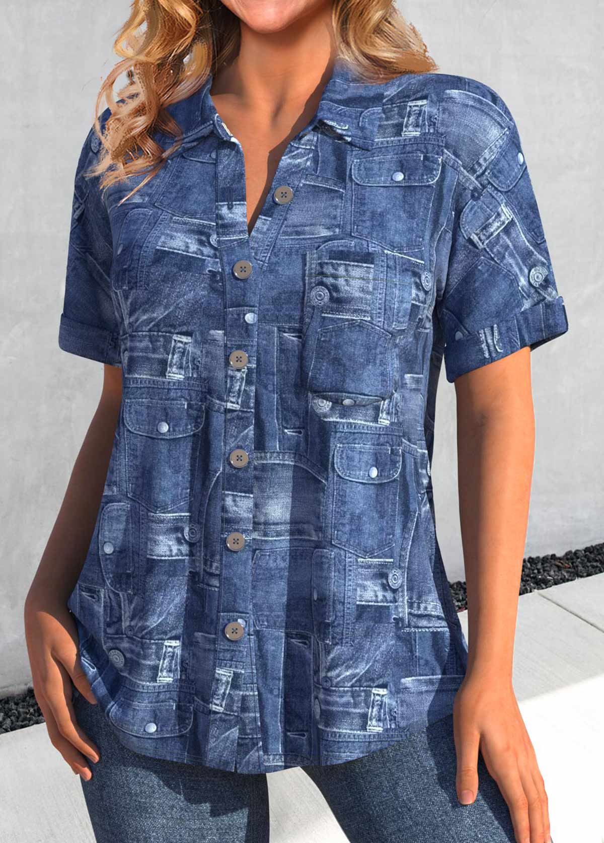 Denim Blue Pocket Short Sleeve Shirt Collar Blouse