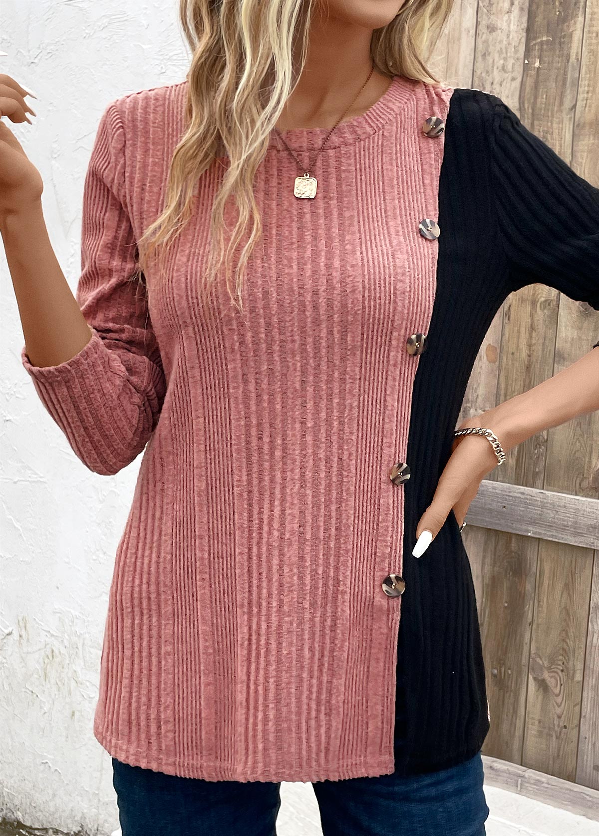 Black Patchwork Long Sleeve Round Neck T Shirt