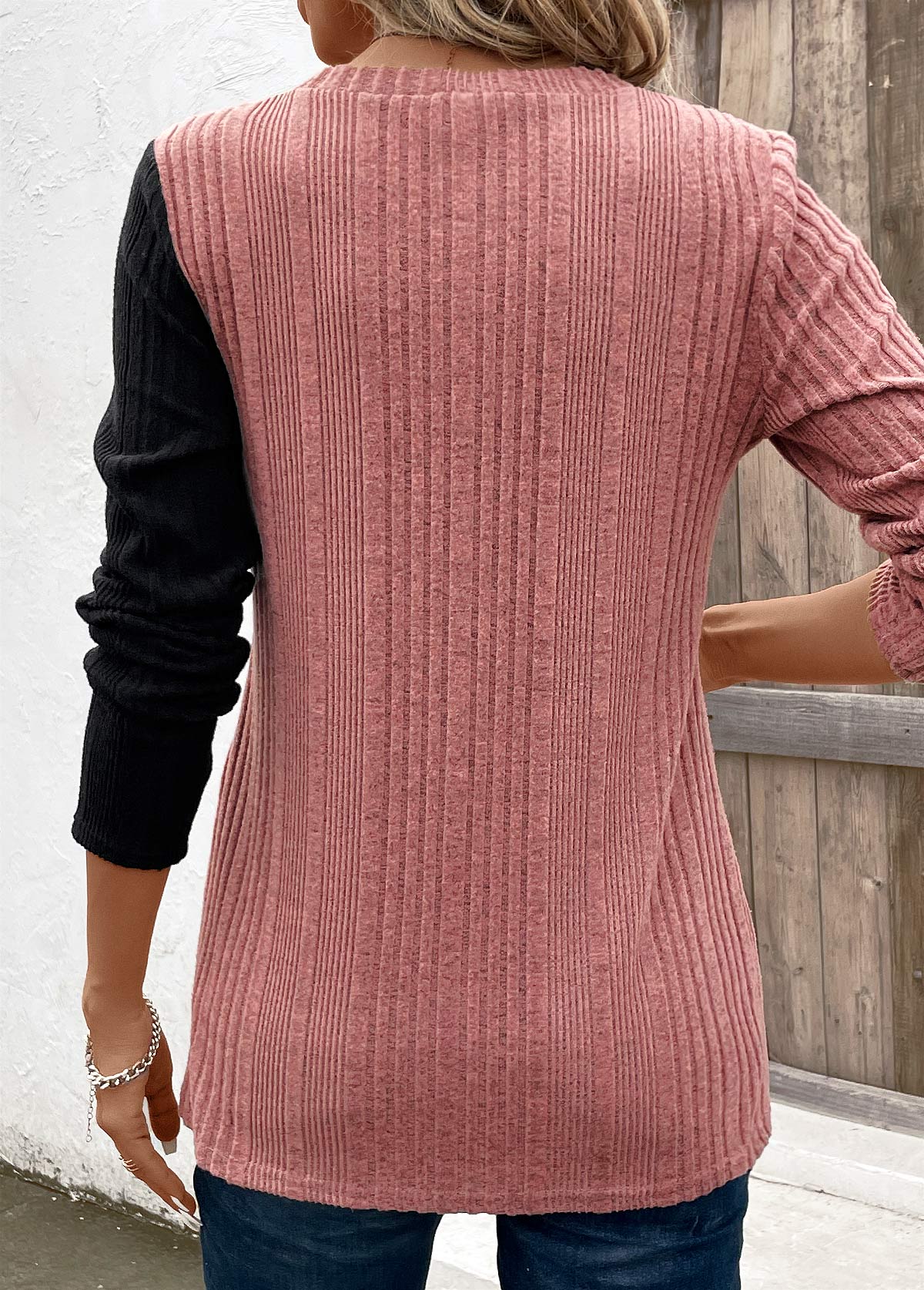 Black Patchwork Long Sleeve Round Neck T Shirt