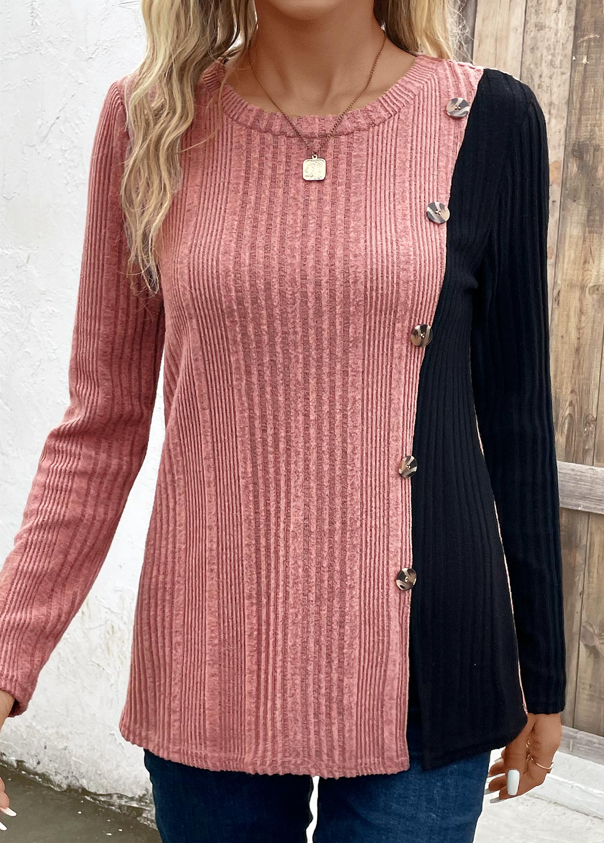 Black Patchwork Long Sleeve Round Neck T Shirt