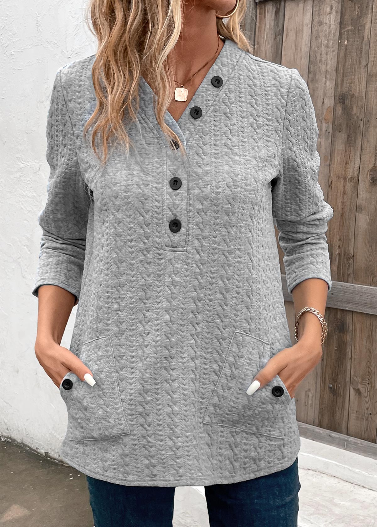 Light Grey Pocket Long Sleeve V Neck Sweatshirt