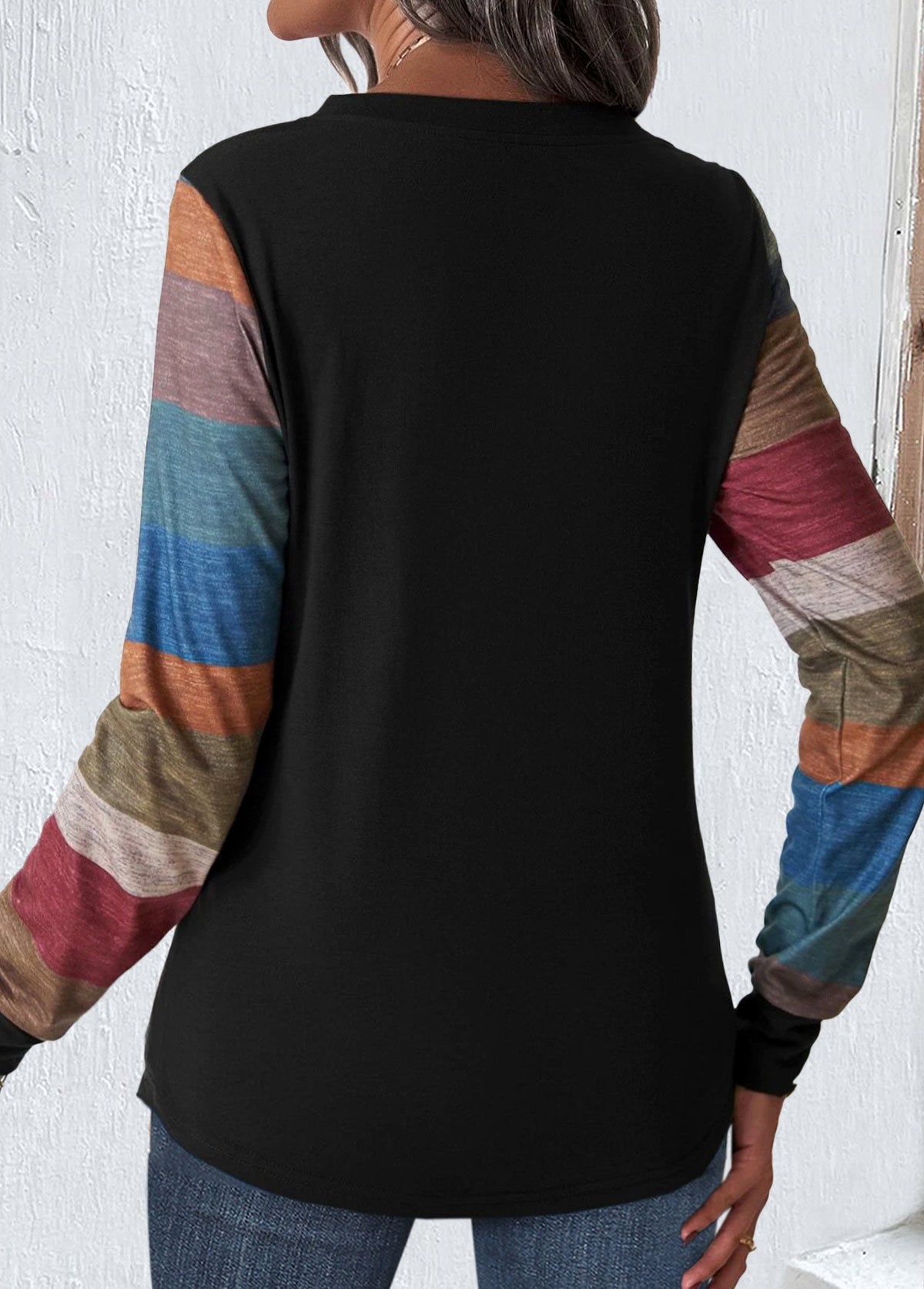 Multi Color Patchwork Striped Long Sleeve T Shirt