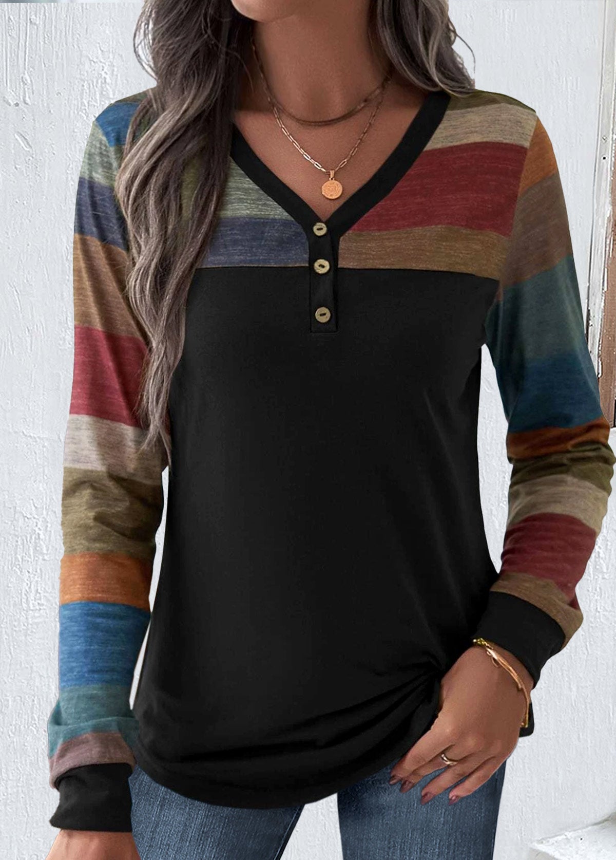 Multi Color Patchwork Striped Long Sleeve T Shirt