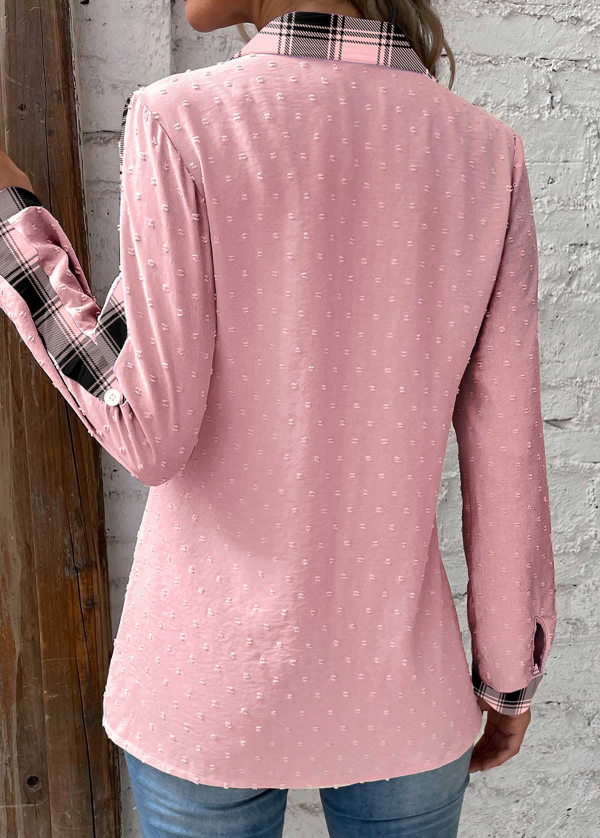 Pink Patchwork Striped Long Sleeve Shirt Collar Blouse