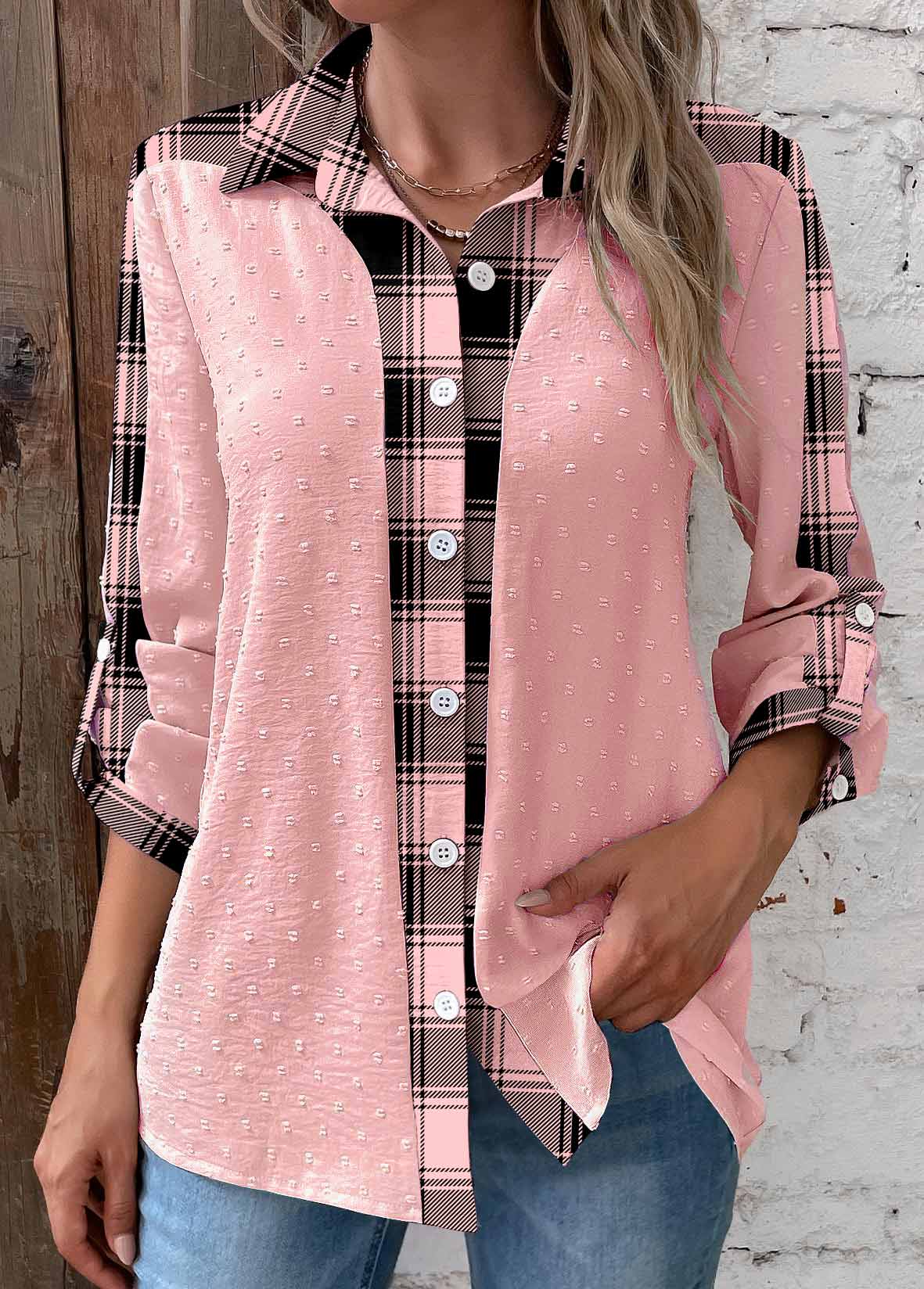 Pink Patchwork Striped Long Sleeve Shirt Collar Blouse