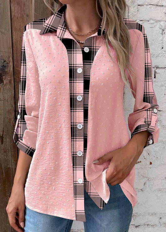 Pink Patchwork Striped Long Sleeve Shirt Collar Blouse