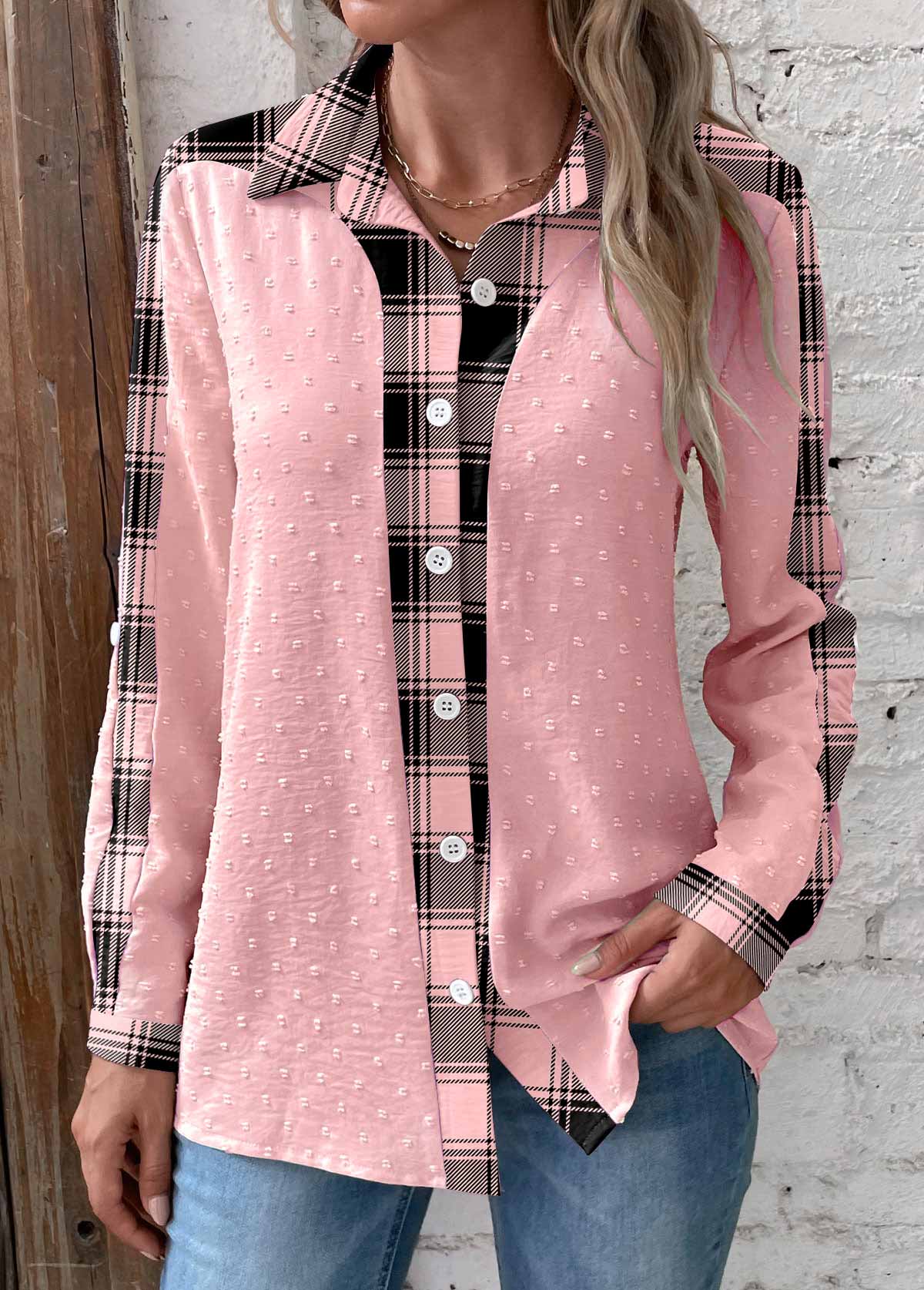 Pink Patchwork Striped Long Sleeve Shirt Collar Blouse