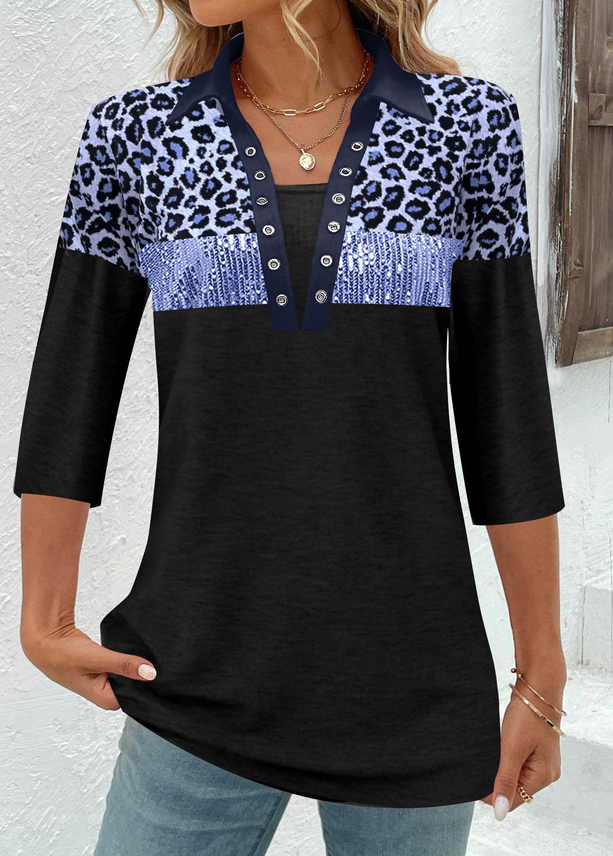 Blue Patchwork Leopard Three Quarter Length Sleeve Blouse