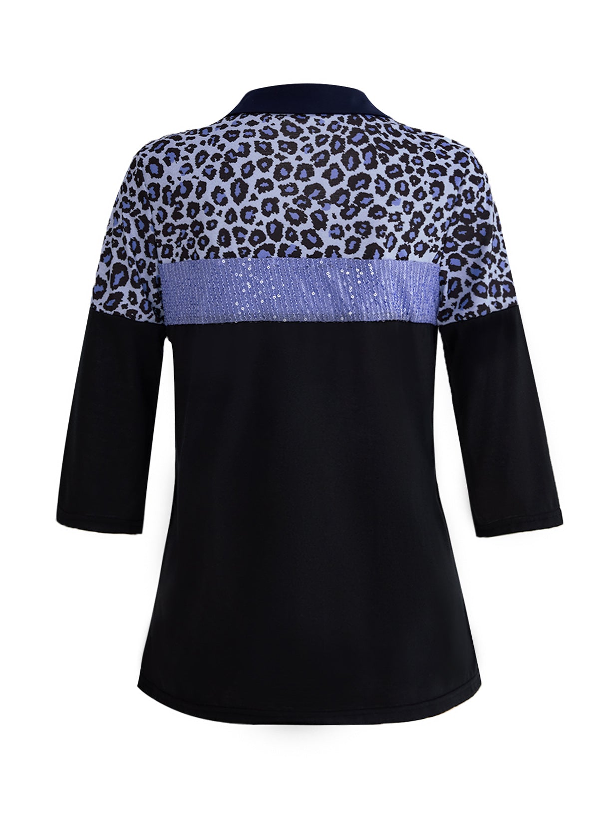 Blue Patchwork Leopard Three Quarter Length Sleeve Blouse