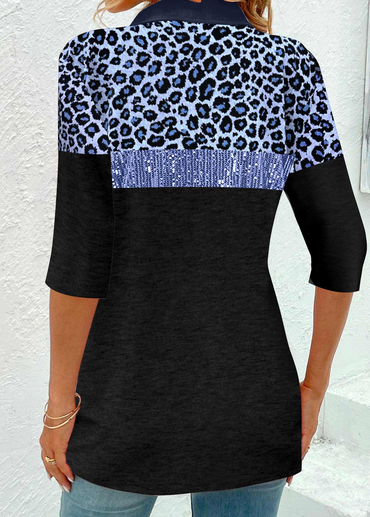 Blue Patchwork Leopard Three Quarter Length Sleeve Blouse