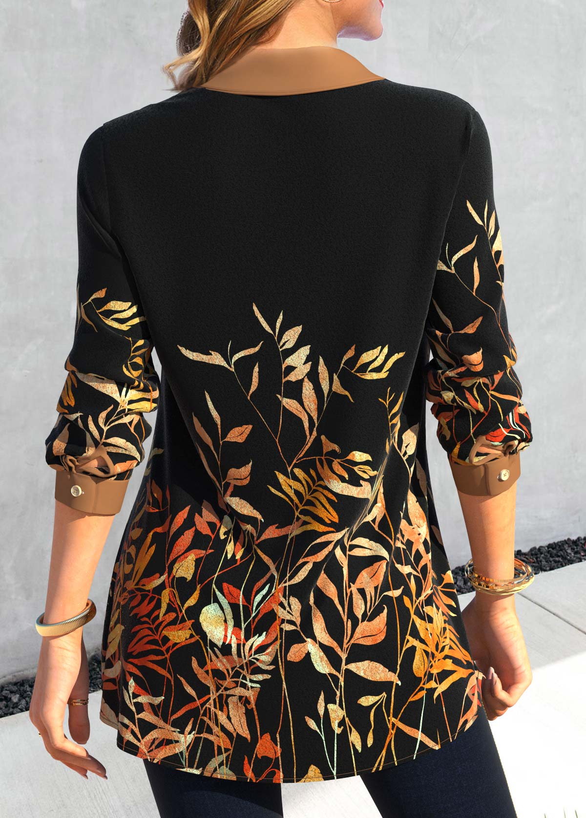Black Fake 2in1 Leaf Print Long Sleeve Blouse