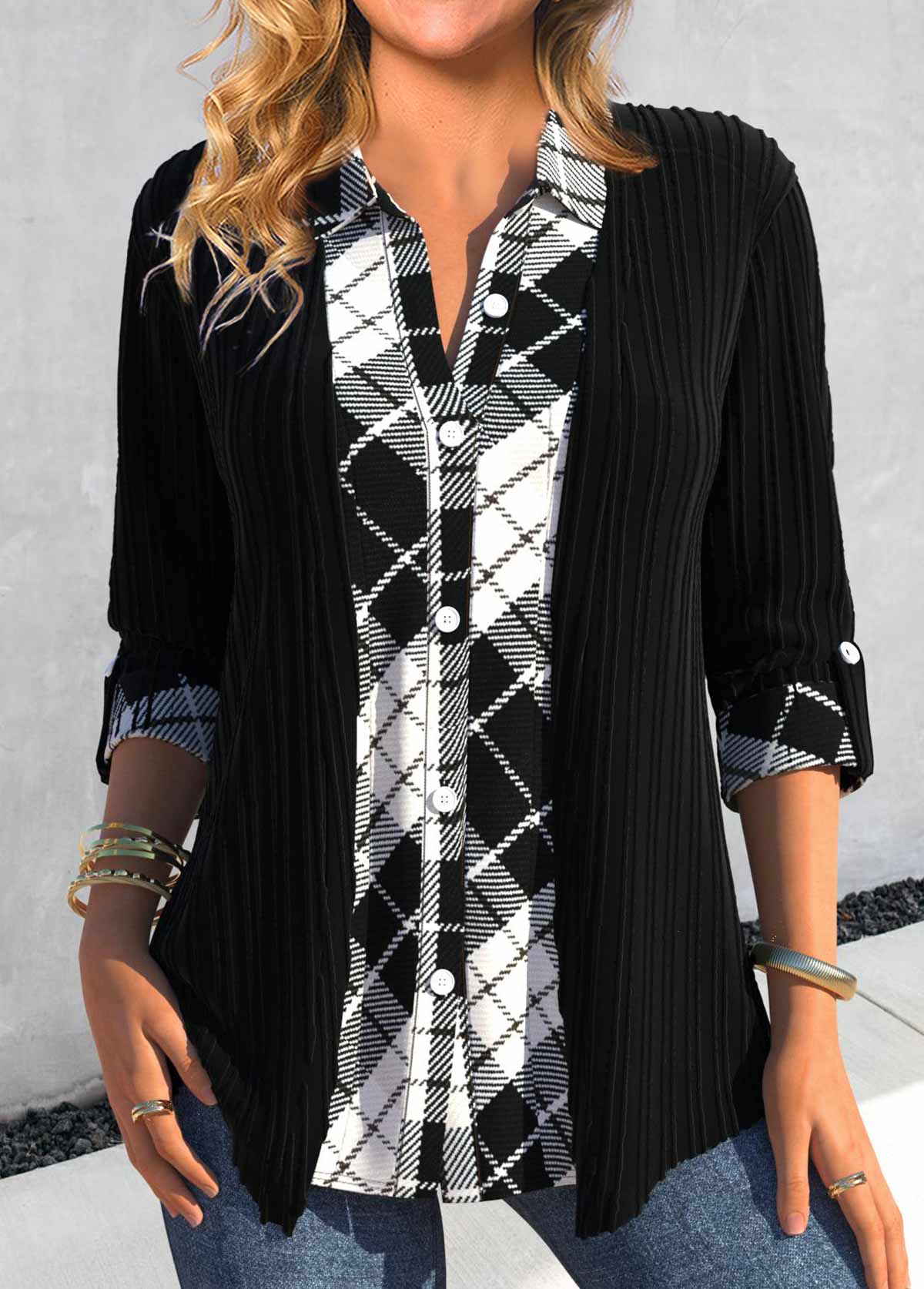 Black Button Fake 2in1 Plaid Blouse